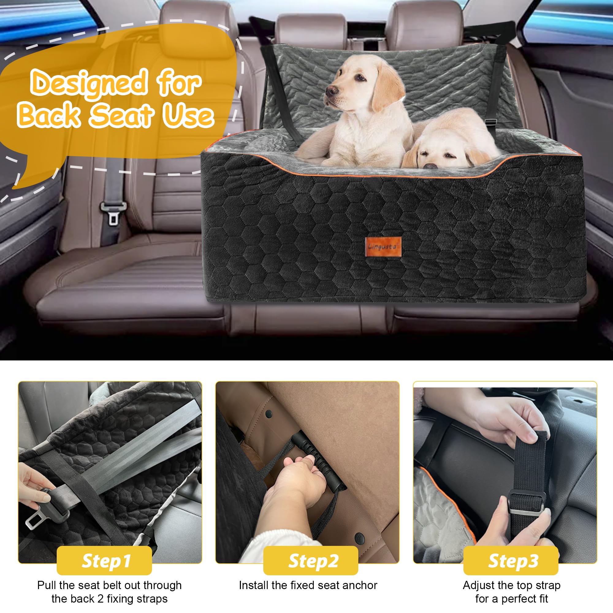 **Premium Washable Dog Car Seat for Medium & Large Dogs up to 60 lbs – Thick Cushion Booster Seat with 2 Safety Leashes (Black/Gray) – Perfect for Road Trips, Vet Visits & Daily Commutes**
