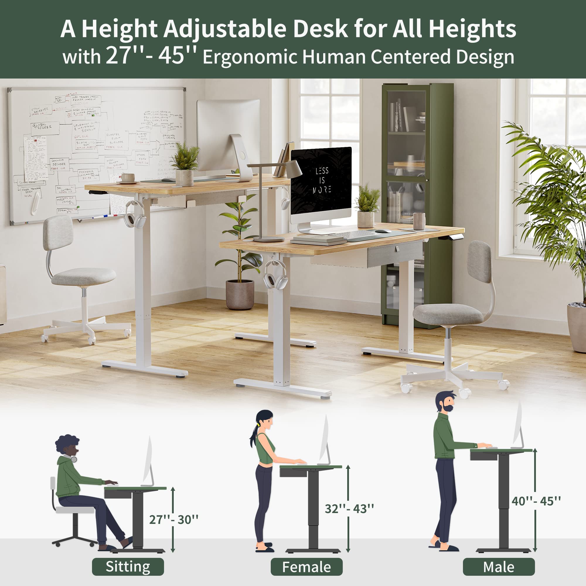 FEZIBO 40 x 24 Inches Electric Standing Desk with Drawer - Adjustable Height Sit Stand Desk with Storage, Ergonomic Home Office Computer Desk in Light Rustic Finish | Perfect for Remote Work, Gaming & Study Spaces
