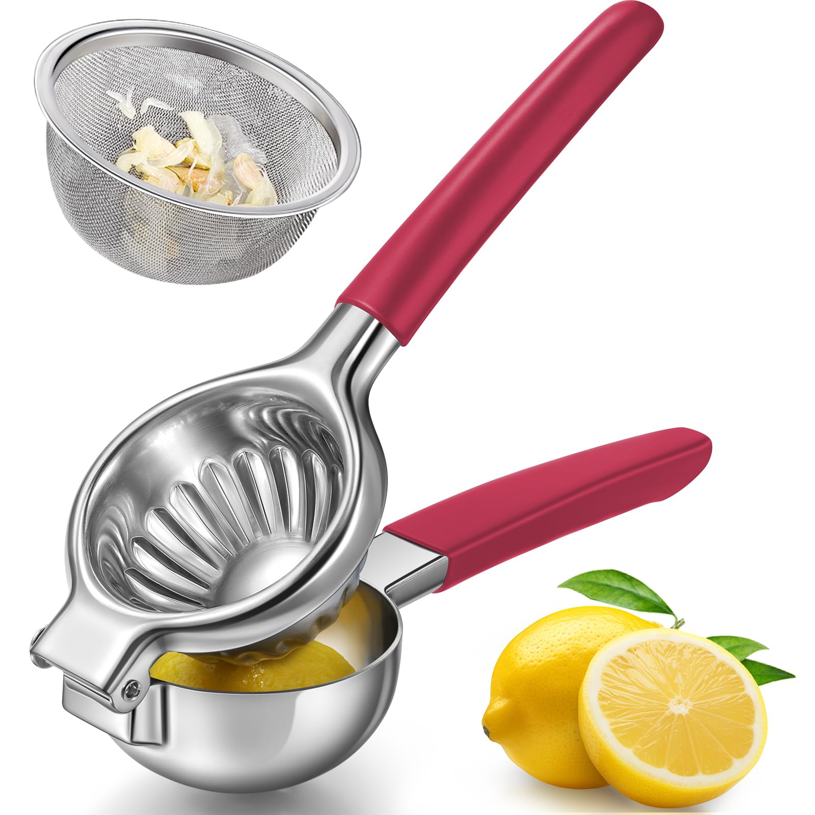 Premium Stainless Steel Lemon Squeezer with Mesh Strainer - Heavy Duty Manual Citrus Press for Seedless Juicing - Non-Slip Grip & Large Metal Bowl - Perfect for Lemonade, Cocktails, and Fresh Juice Making at Home or Bar (Red)
