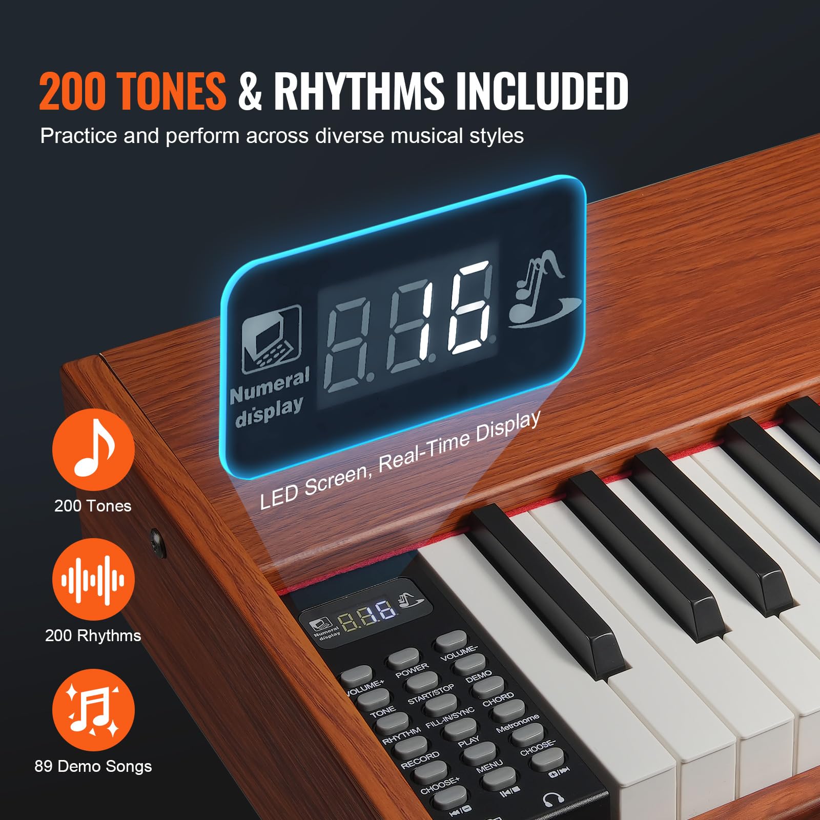 VEVOR 88-Key Fully Weighted Digital Piano with Stand - Professional Electric Keyboard with 200 Tones & Rhythms, Bluetooth/USB/MIDI Connectivity, Built-in Speakers & Headphone Jack - Perfect for Beginners, Home Practice & Studio Recording