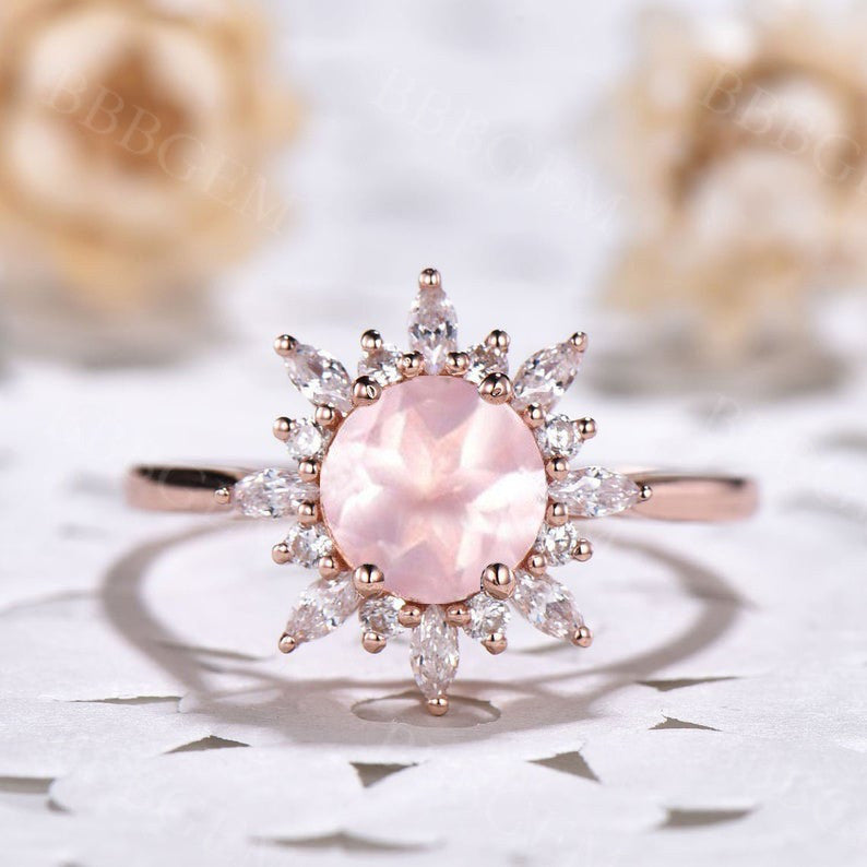 Elegant Rose Gold Moissanite Engagement Ring with Floral Rose Quartz Accents - Perfect for Proposals, Weddings & Anniversaries
