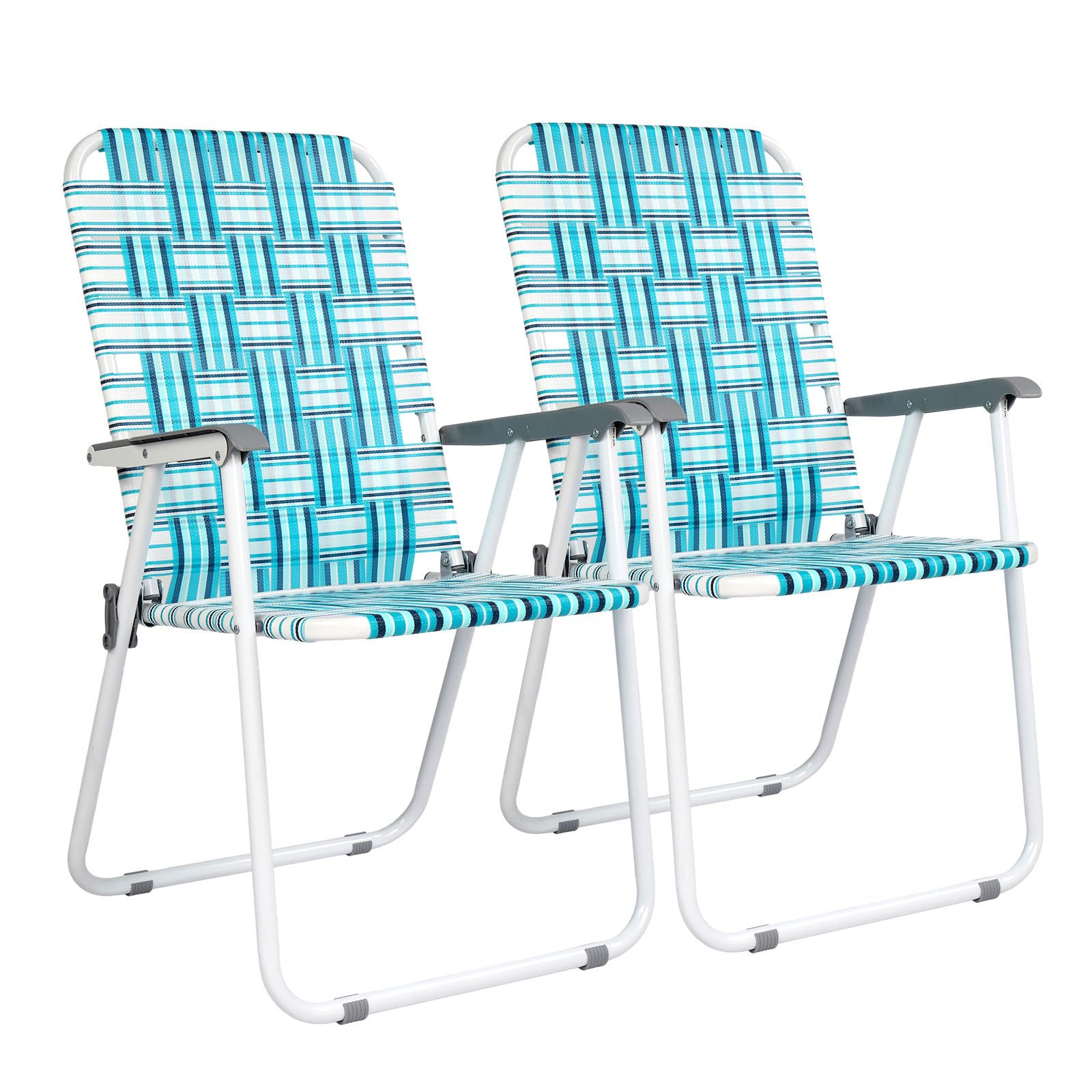 VINGLI 2-Pack Folding Patio Chairs - Lightweight Webbed Lawn Chairs for Outdoor, Beach, Garden, Picnic & Camping - Portable Dining Chairs for Backyard, Poolside & Travel (White & Blue)