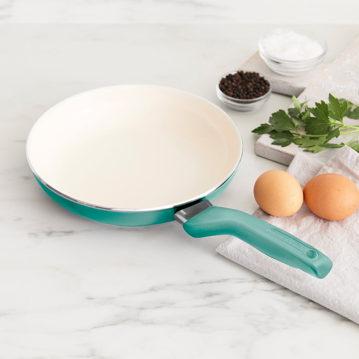Rio Ceramic Nonstick 8-Inch Frying Pan with Spatula - Turquoise Non-Toxic Cookware for Healthy Cooking | Perfect for Eggs, Pancakes & Sauteing | Oven & Dishwasher Safe