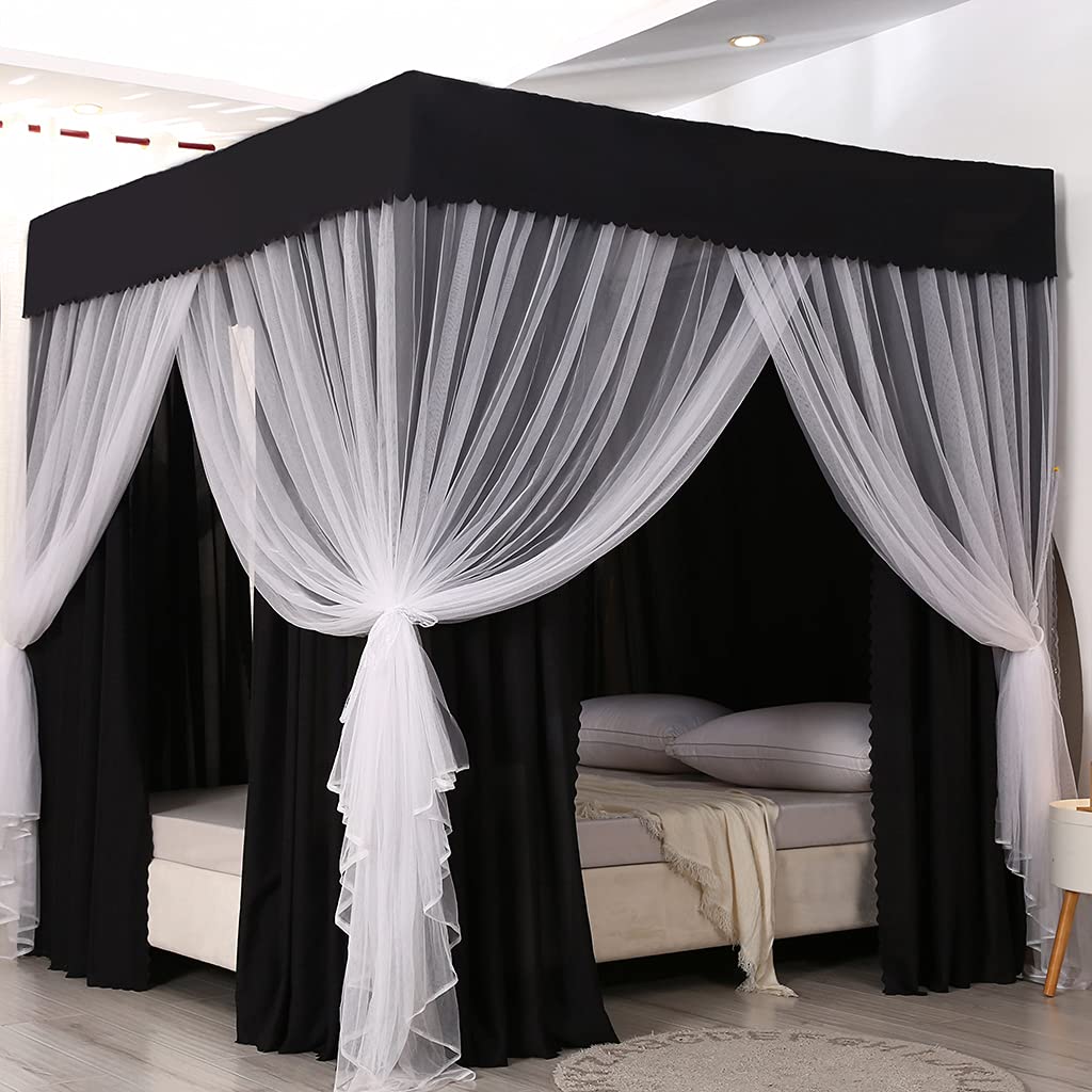 Elegant Princess 4-Poster Bed Canopy with Mosquito Net for Girls & Adults - Twin/Full/Queen/King Size Bedroom Decor (Solid Black, King) - Perfect for Kids' Rooms, Nursery Decor, and Romantic Bedroom Makeovers