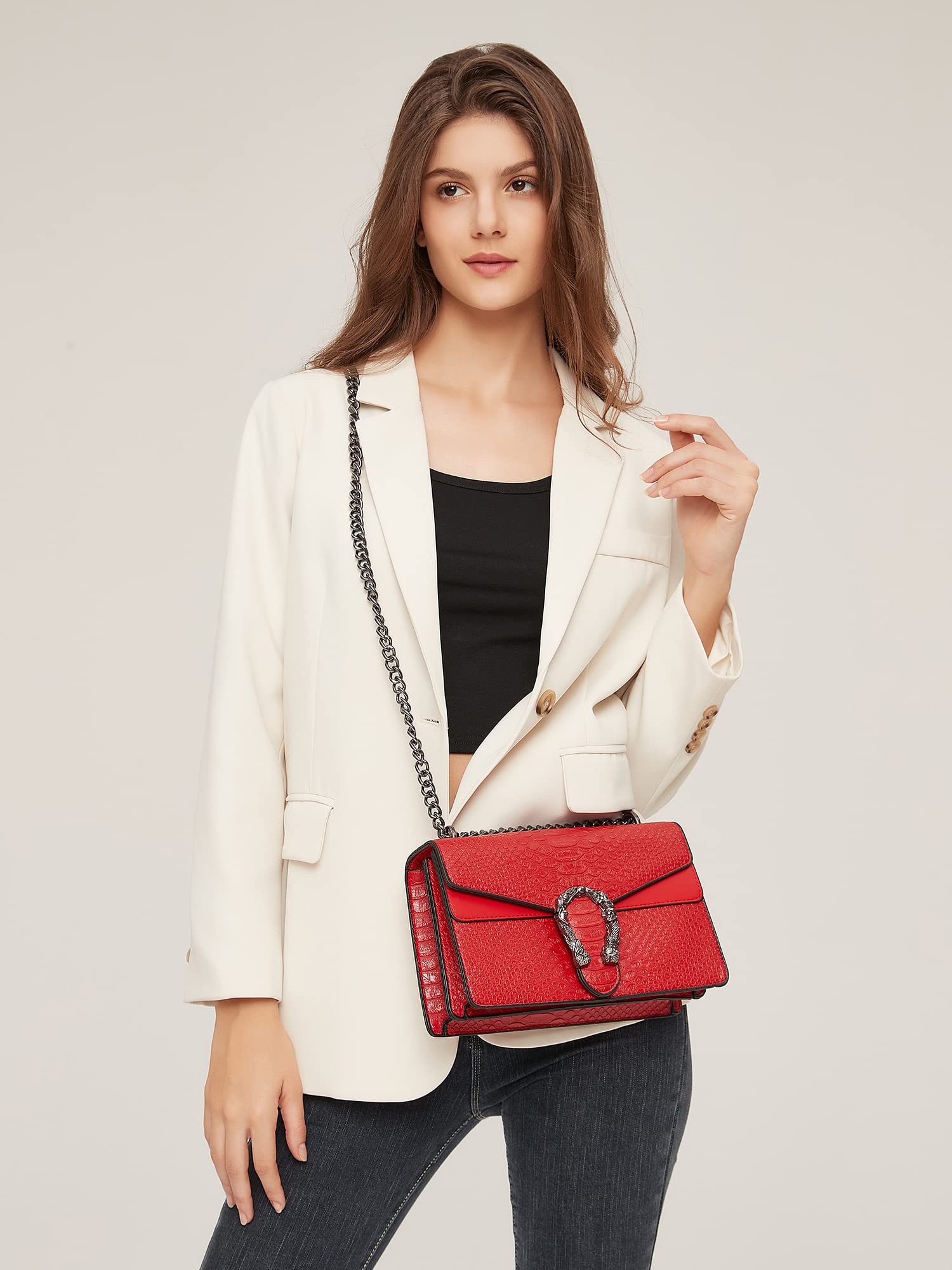 Women's JBB Crossbody Shoulder Bag - Snake Print Leather Evening Clutch with Chain Strap - Small Satchel Purse for Party, Date Night & Special Occasions