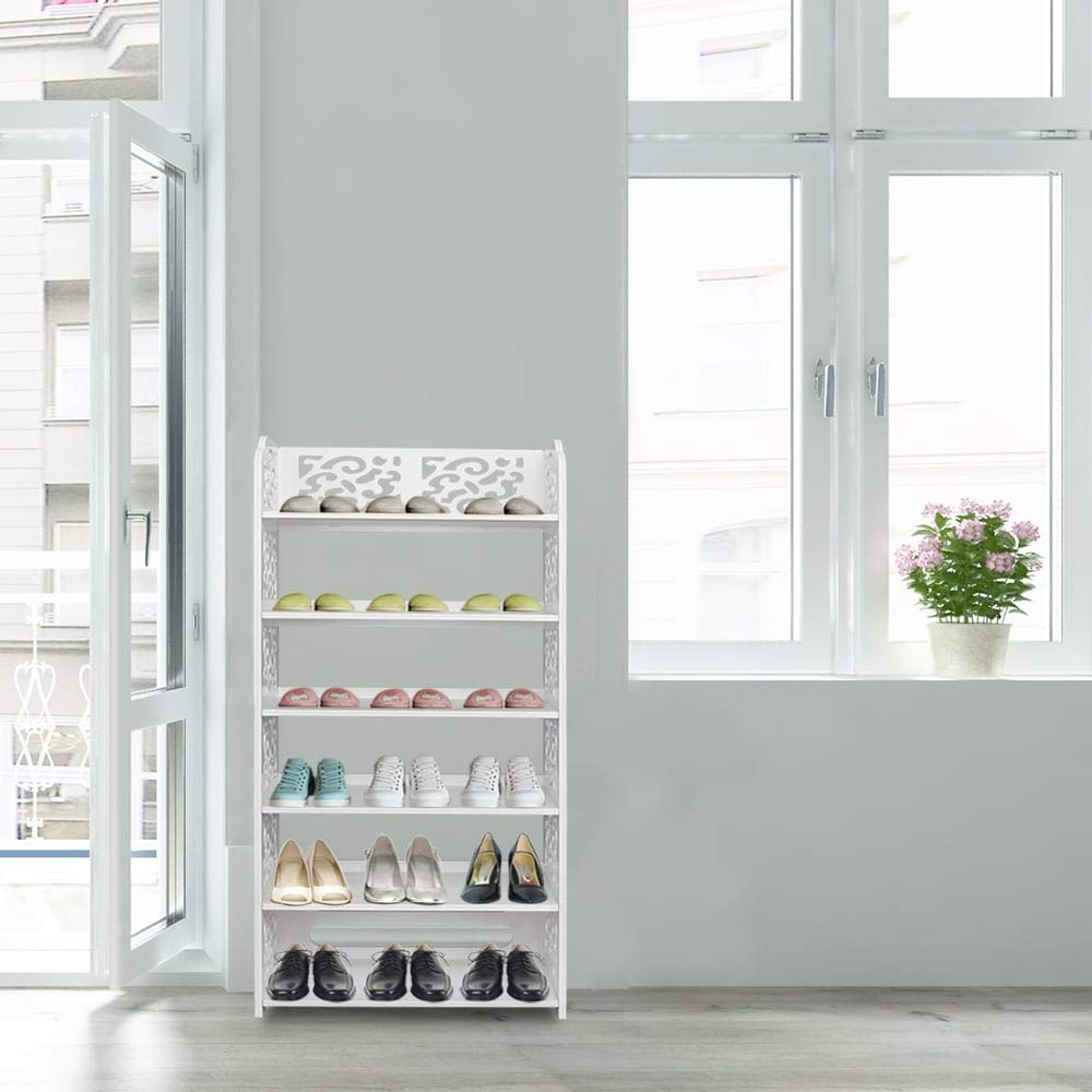 6-Tier White Plastic Backed Vertical Shoe Rack Organizer - WPC Wood-Plastic Composite Storage Shelf for Entryway, Closet & Mudroom Organization