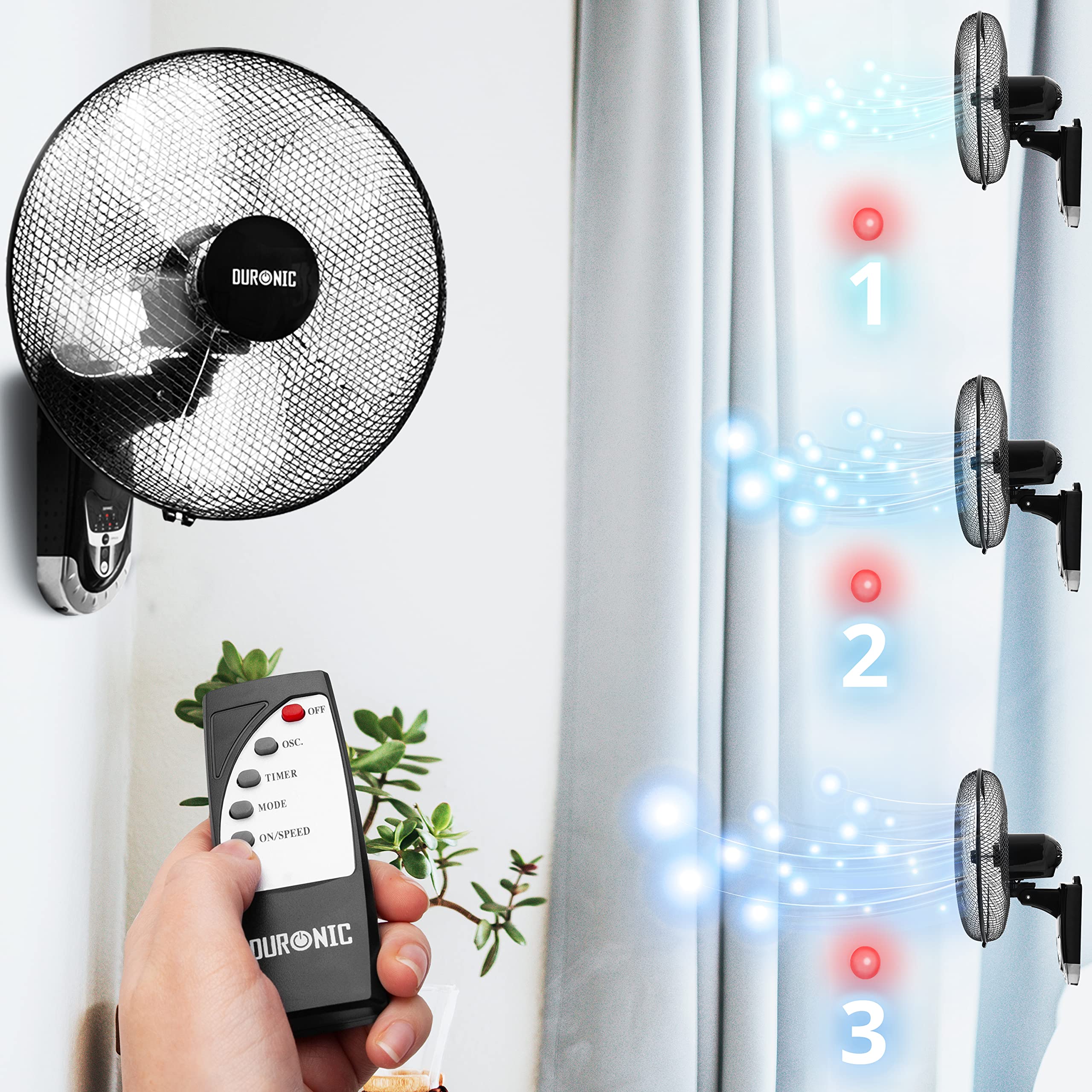 Duronic FN55 16 Inch Wall Mounted Fan with Remote Control - 3 Speed Settings, Timer, Oscillating Head & 5 Blades - Powerful Cooling for Home, Office, Bedroom, Gym & Workshop