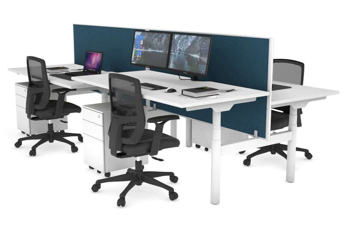 Flexi Premium Height Adjustable 4-Person H Bench Workstation - White Frame [1200L x 800W with Cable Management] - Ideal for Office, Coworking Spaces & Collaborative Work Environments