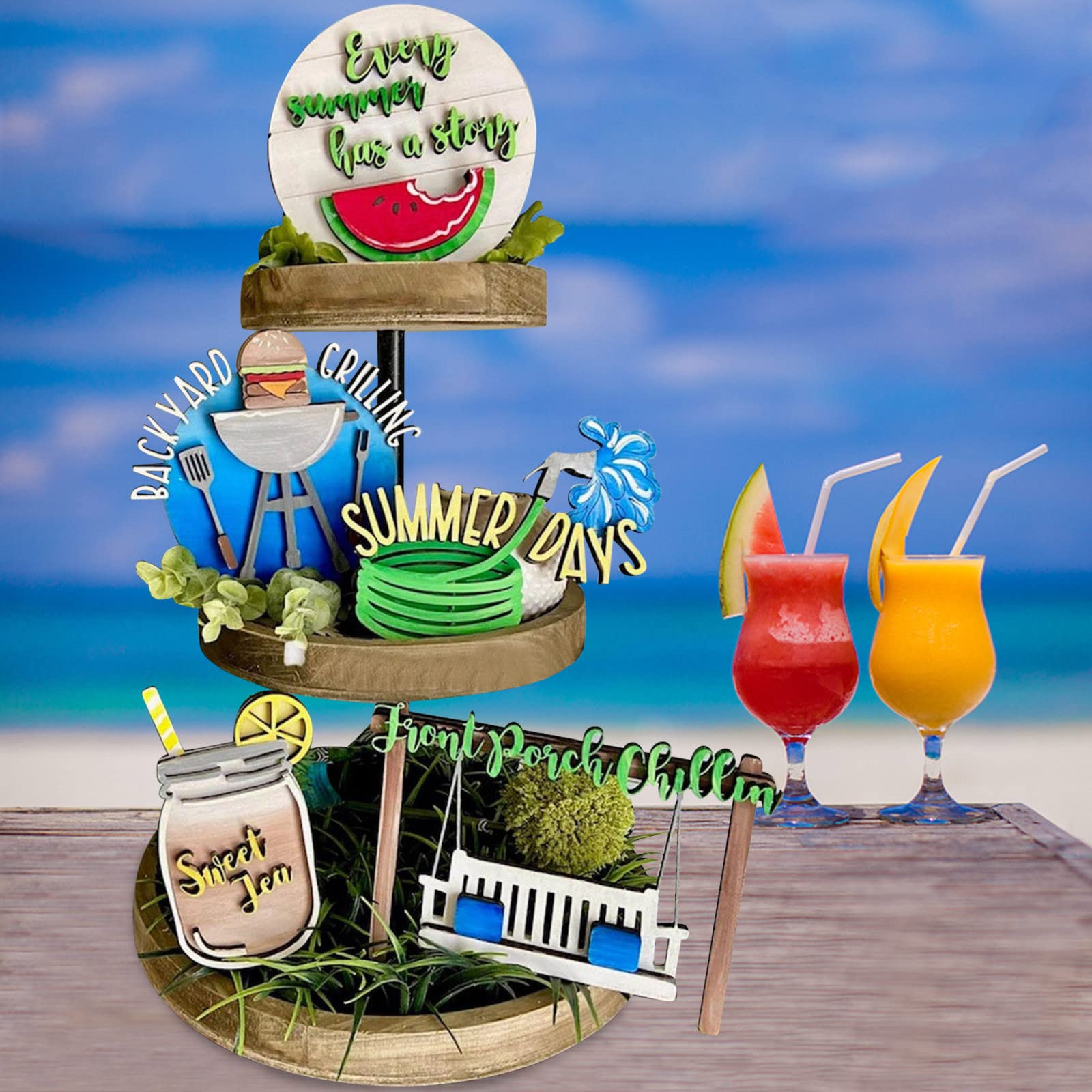 5-Piece Summer Tiered Tray Decor Set - Wooden Farmhouse Sign with Fresh Flower Design, Rustic Spring Home Decor for Shelves, Tables, and Floating Displays - Perfect for Kitchen, Living Room, and Entryway Decorations (One Size)