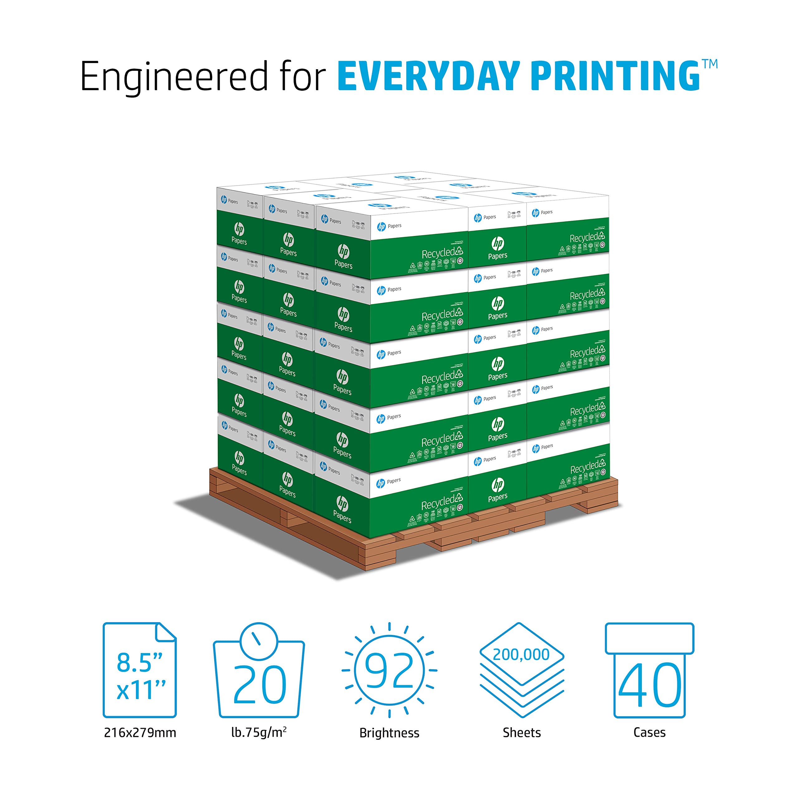 Premium HP Printer Paper 8.5 x 11 Inches | 30% Recycled FSC Certified Copy Paper | 92 Brightness | 40 Case Pallet (200,000 Sheets) | Made in USA | Loading Dock Delivery | Ideal for Office Printing, School Projects & Bulk Business Use