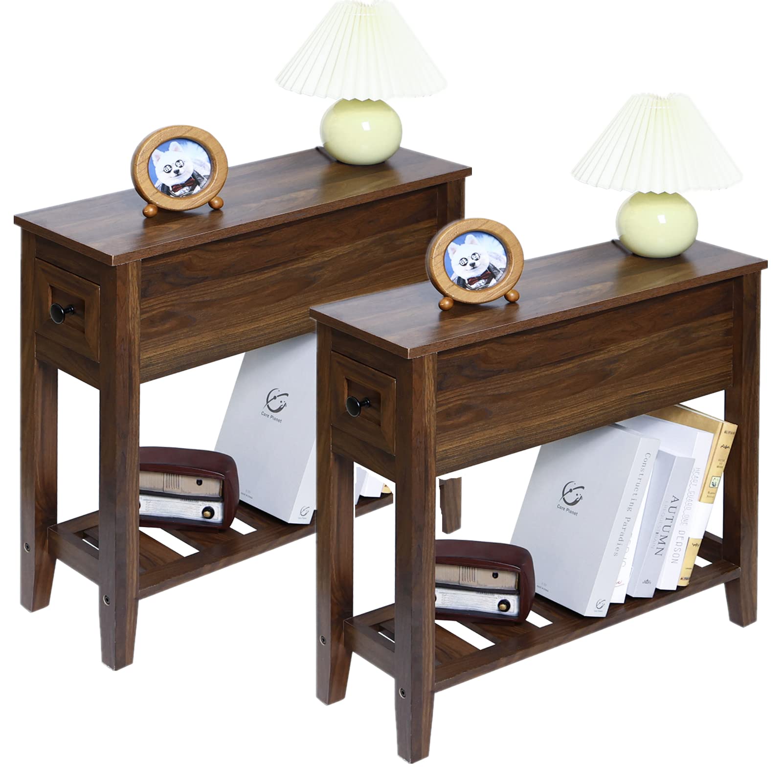 2 Pack Narrow End Table with Drawer & Storage Shelf - Solid Wood Recliner Side Table, Slim Nightstand for Bedroom - Perfect for Small Spaces, Living Room, Dorm & Apartment Furniture