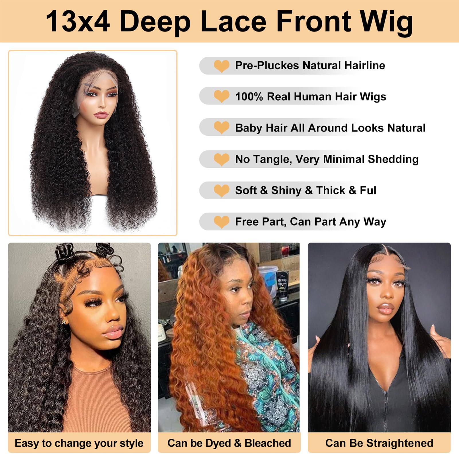 Deep Wave Lace Front Wigs Human Hair 200% Density 13x4 HD Transparent Full Lace Frontal Wigs - Glueless Deep Curly Human Hair Wig with Baby Hair & Pre-Plucked Hairline for Women (32 Inch) - Perfect for Daily Wear, Cosplay, Parties & Special Occasions