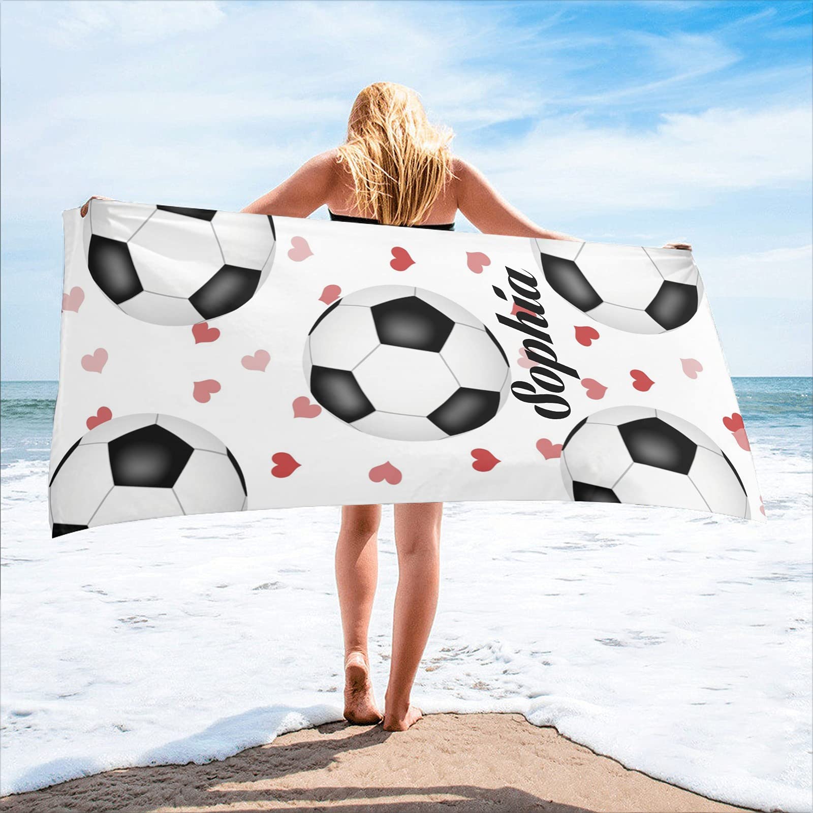 Custom Personalized Soccer Love Heart Beach Towel with Name - 30x60 Inch Microfiber Travel Pool Towel for Women & Men - 2-Sided Printing - Perfect for Beach, Pool, Gym, and Sports Events