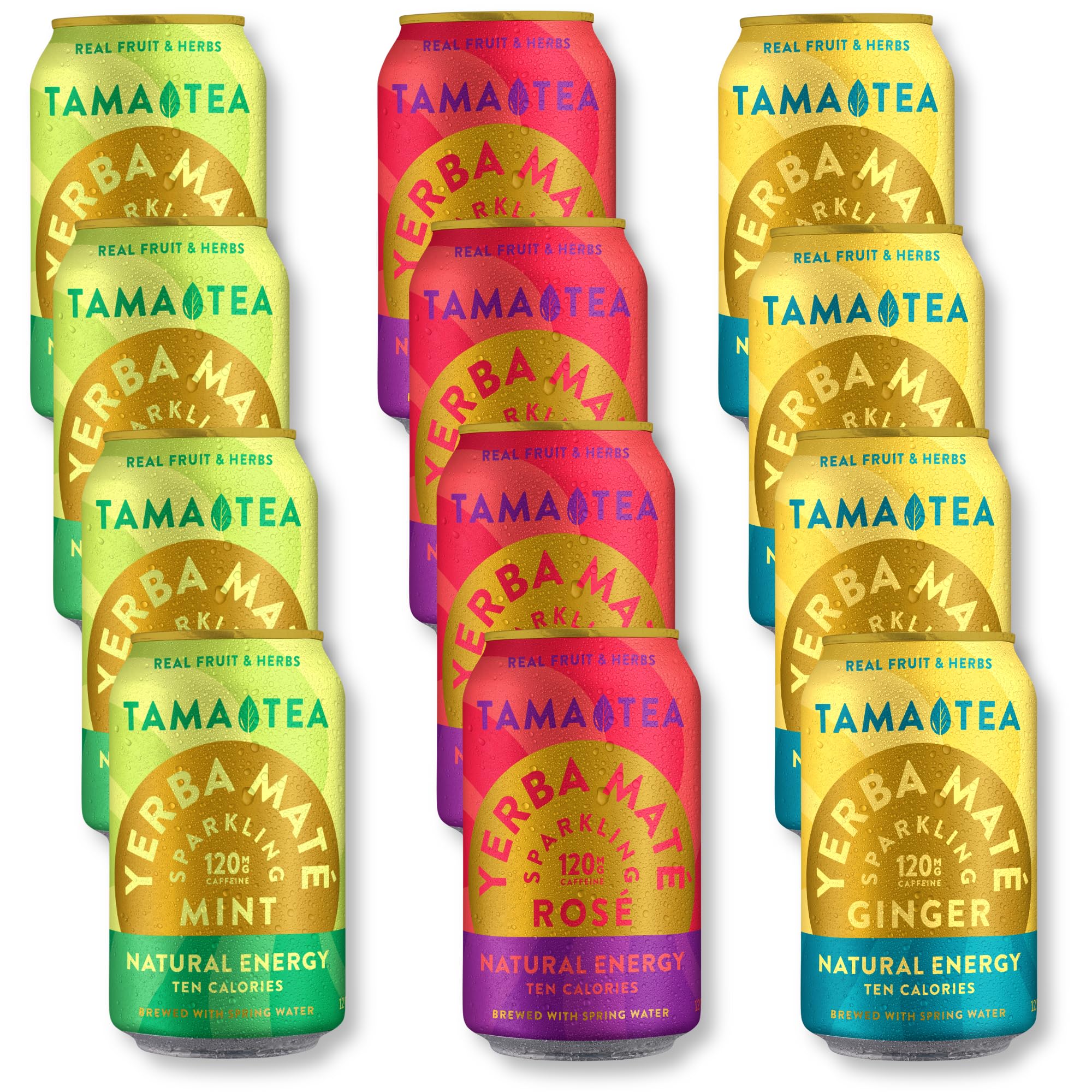 Organic Sparkling Yerba Mate Variety Pack by Tama Tea - Unsweetened Natural Energy Drink with Real Fruit & Herbs - Healthy Caffeine Alternative (120mg per Can, 10 Calories) - 12oz Cans, Pack of 12 - Perfect for Workouts, Office Energy Boost & Healthy Lifestyle