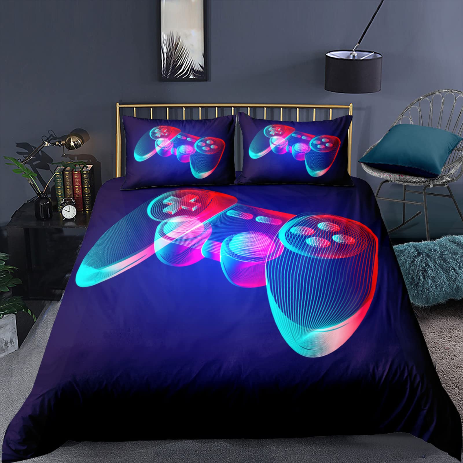 Colorful Cartoon Gamepad Duvet Cover Set for Kids - California King Size (1 Duvet Cover + 2 Pillow Shams) - Boys & Girls Bedding Collection - Perfect for Gaming Themed Bedrooms & Kids' Room Decor