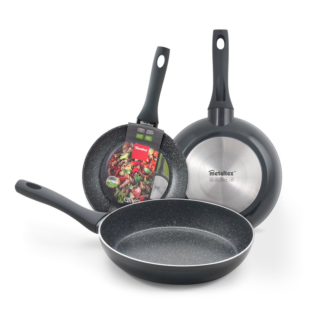Metaltex NATIVA 3-Piece Forged Aluminum Nonstick Frying Pan Set (20cm, 24cm, 28cm) - Professional Cookware for Home Kitchen & Restaurant Cooking