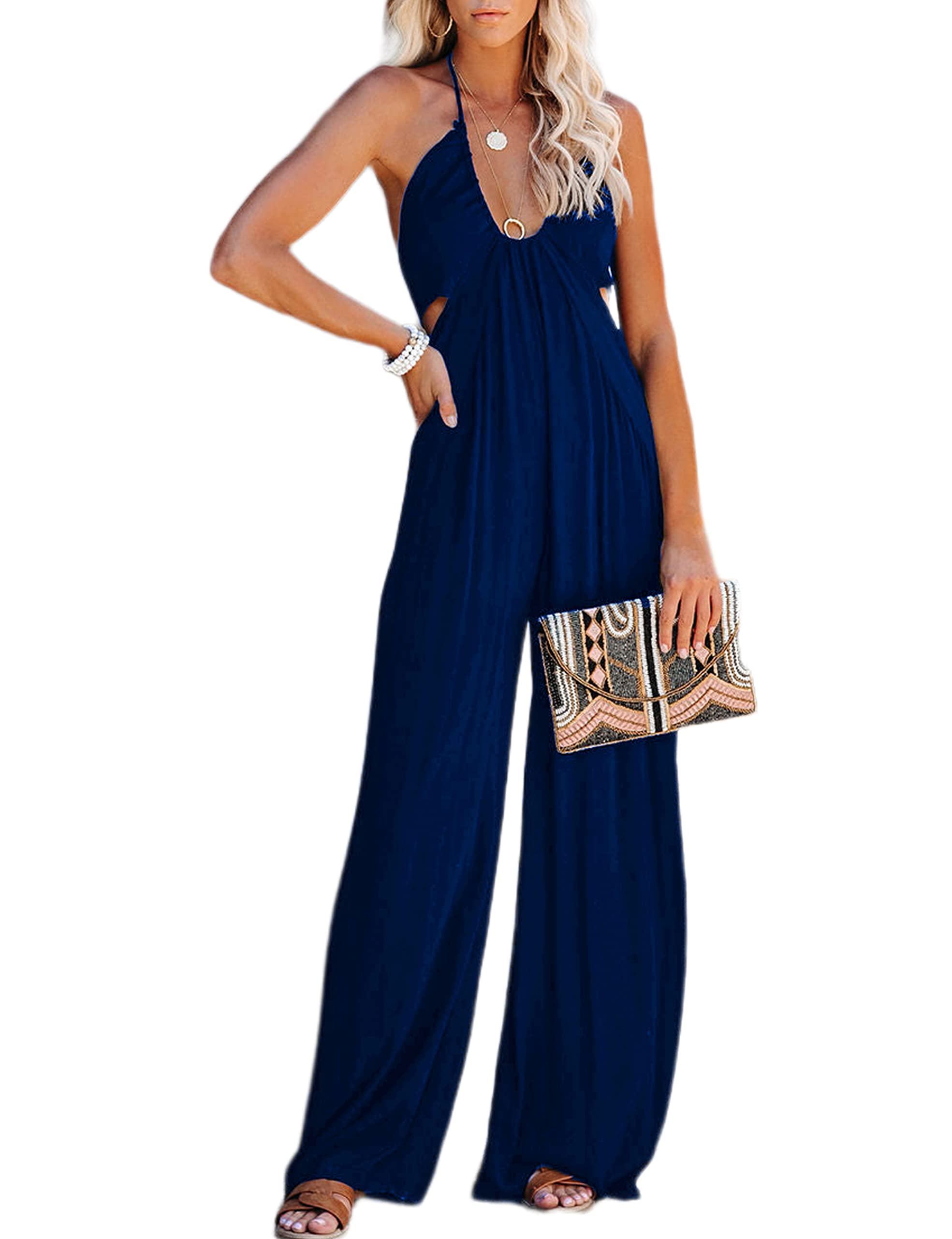 Athlisan Women's Wide Leg Jumpsuit - Halter Neck Backless Romper with Spaghetti Straps | Summer Beachwear, Casual Outfit, Vacation Dress for Women