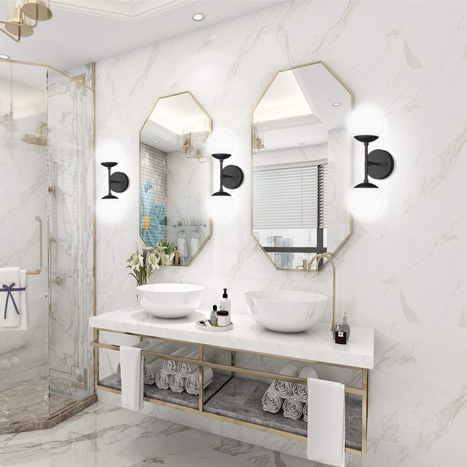 Tipace Black Wall Sconce 2 Lights - Modern Globe Wall Light Fixture with Included 6000K G9 Bulbs for Restaurant, Living Room, Bedside, Stairs & Bathroom Mirror Lighting - Perfect for Ambient, Task and Accent Lighting in Homes, Hotels and Commercial Spaces