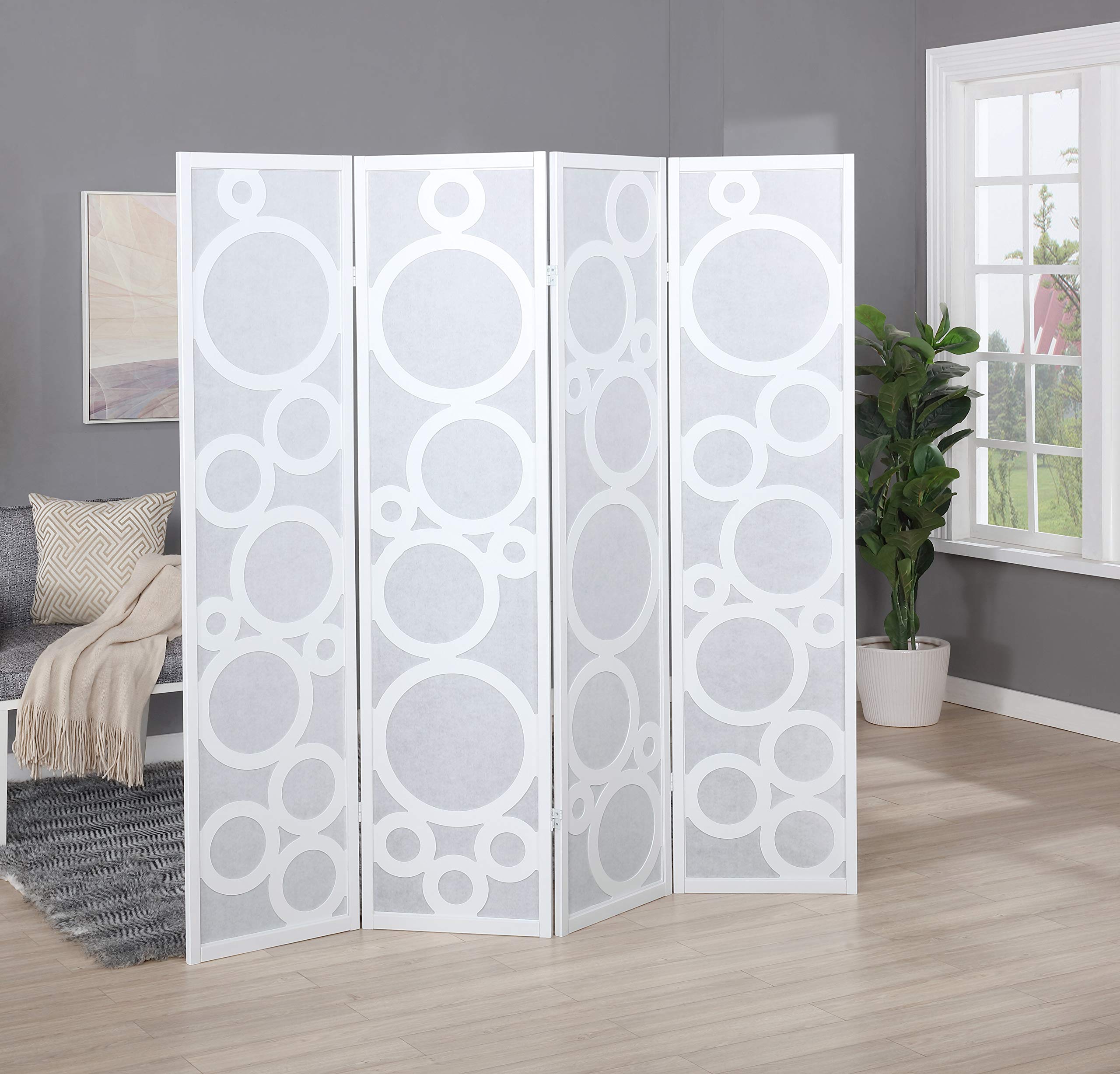 Roundhill Furniture Arvada 4-Panel Wood Room Divider with Circle Pattern - White Wooden Folding Screen for Home Office, Living Room & Bedroom Privacy Partition