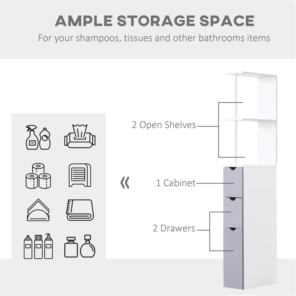 Tall Bathroom Storage Cabinet - Slim Freestanding Floor Cabinet with 2 Open Shelves, 1 Cabinet & 2 Drawers - Bathroom Organizer for Linen, Towels & Toiletries - Anti-Tipping Design - White - Perfect for Small Bathrooms, Apartments & Laundry Rooms