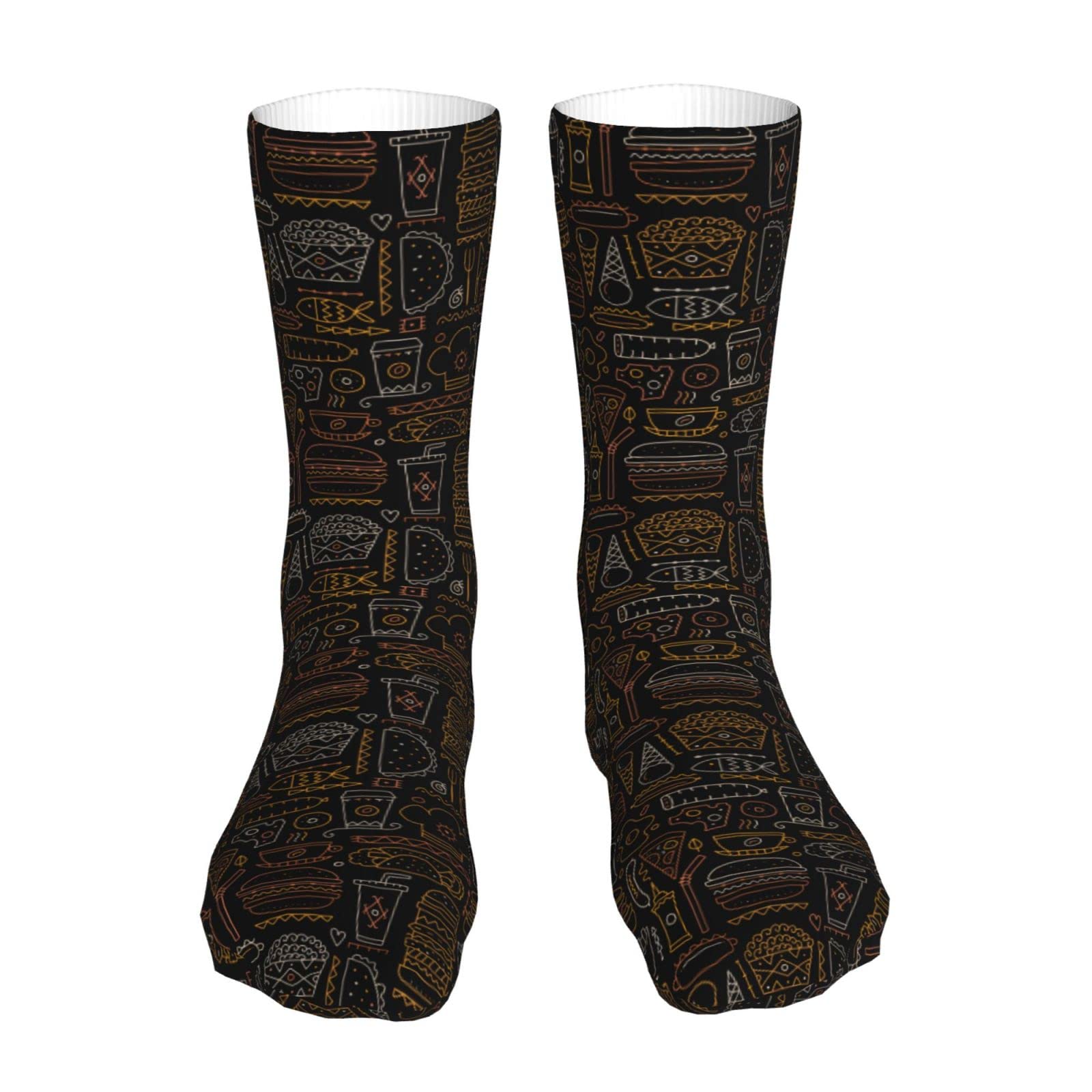 Trendy Black Fast Food Hamburger Pizza Novelty Crew Socks for Women & Men - Comfortable Sports Outdoor Casual Socks for Everyday Wear, Gifts & Themed Parties