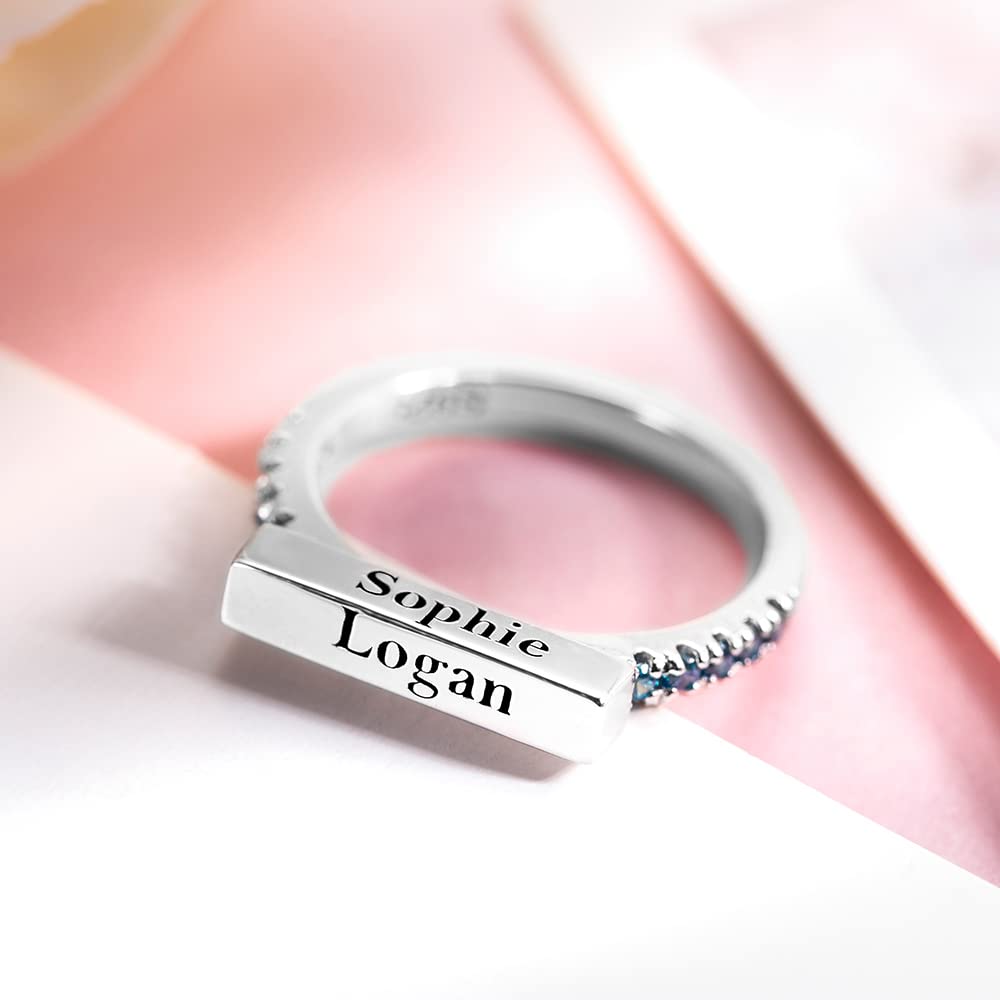 Custom Stackable Bar Ring for Women - 925 Sterling Silver Personalized Engraved Initial/Year/Name Rings with Birthstone | Anniversary, Birthday, Mother's Day Gift for Her, Mom, Daughter & Girlfriends | Perfect for Stacking, Layering & Everyday Wear