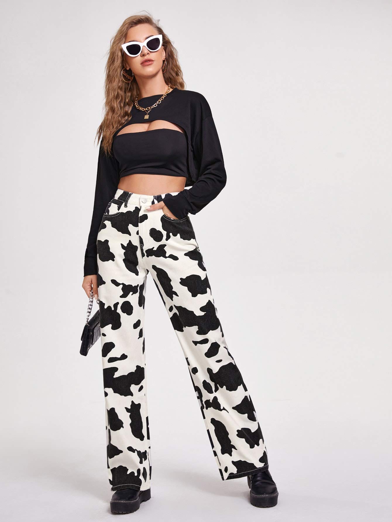 WDIRARA Women's Cow Print High Waist Wide Leg Jeans - Stretchy Denim Pants for Women, Black and White, XL - Perfect for Casual Outfits, Streetwear & Boho Fashion