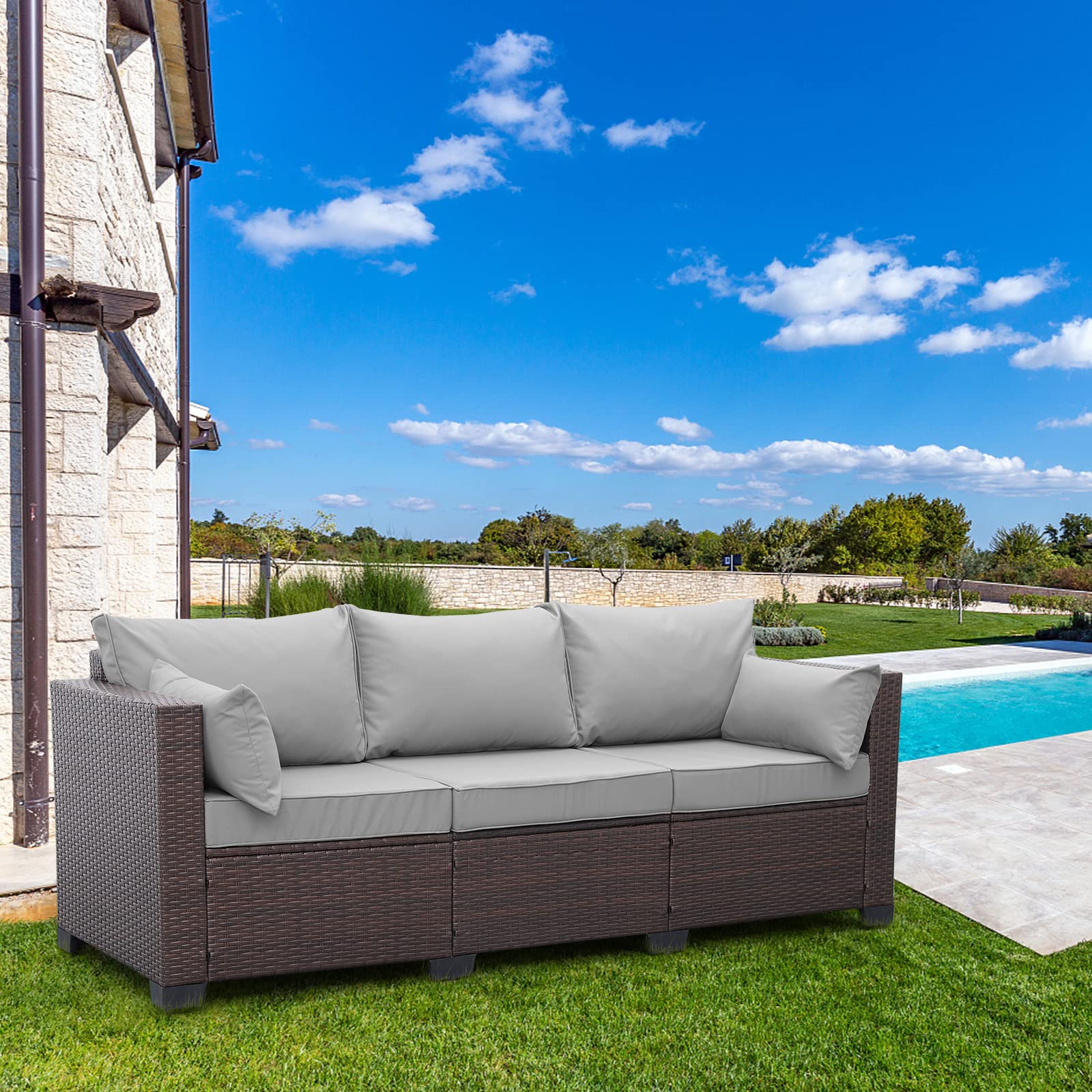 Premium 3-Seater Rattan Patio Sofa Set - Outdoor Deep Seat Couch with High Backrest, Waterproof Covers & Anti-Slip Light Grey Cushions - Perfect for Garden, Poolside, and Backyard Relaxation