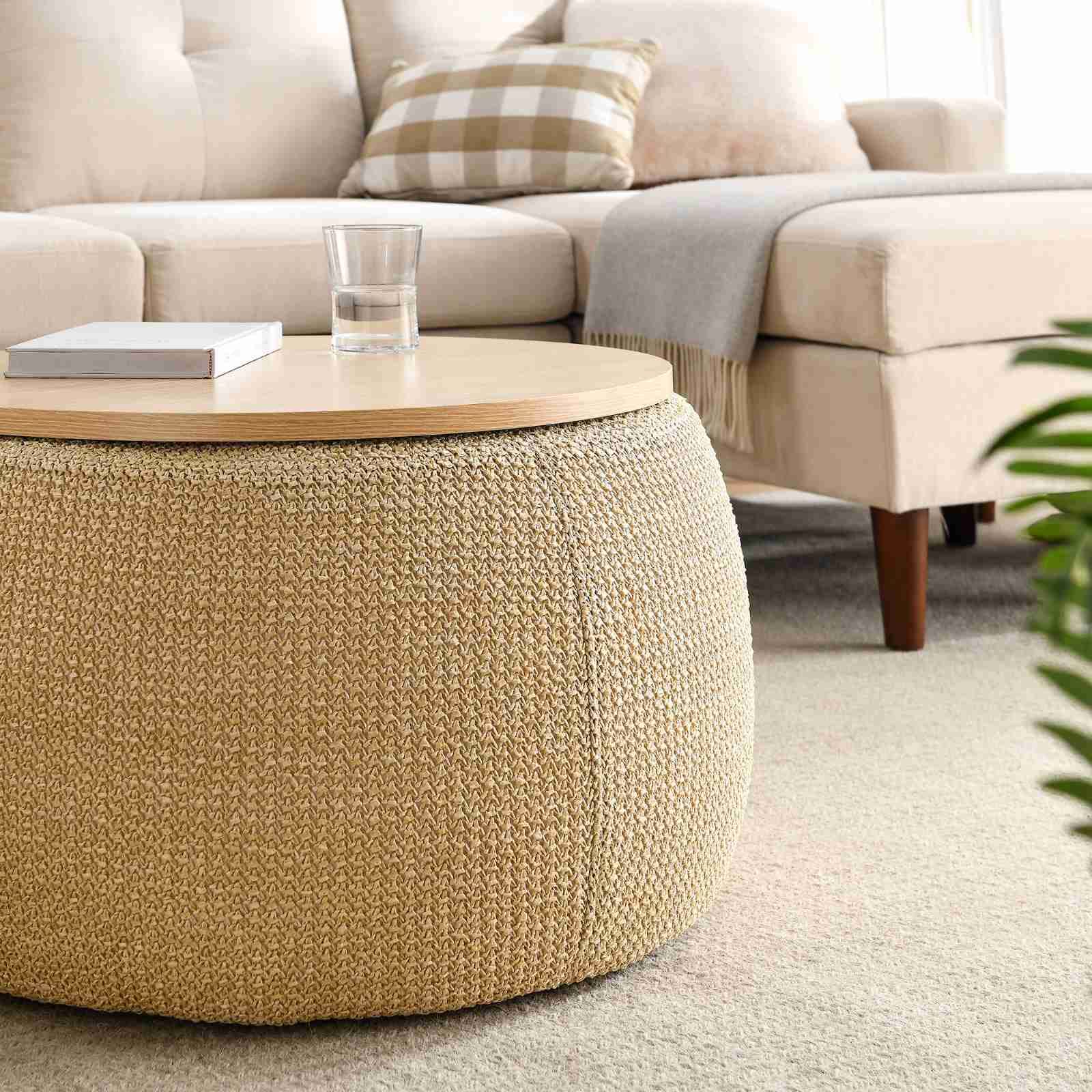 Round Storage Ottoman with Removable Lid - Multifunctional Coffee Table & Footrest for Living Room, Bedroom, or Office - Space-Saving Furniture with Hidden Storage Compartment