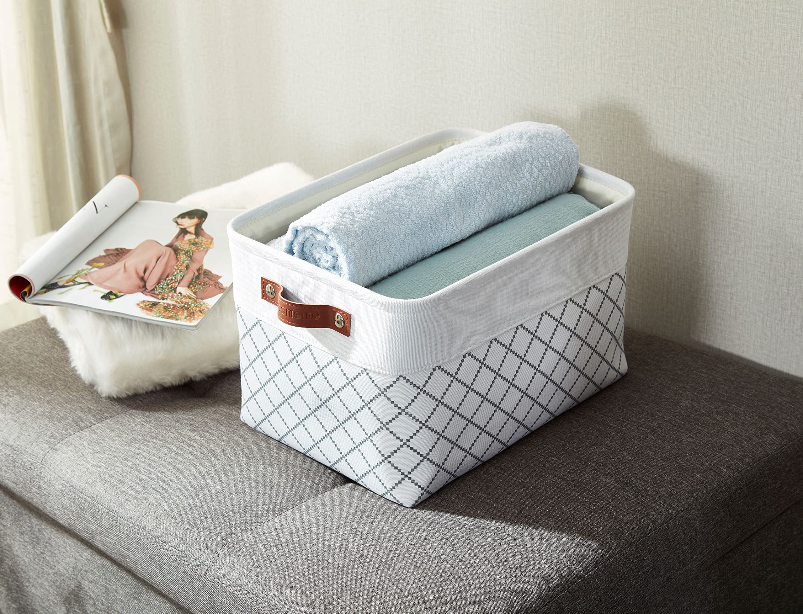DECOMOMO White Fabric Storage Bins - Large 3-Pack Organizing Baskets for Shelves, Closet, Nursery & Toy Storage | Perfect for Home Organization, Baby Room & Playroom (White Check Pattern)