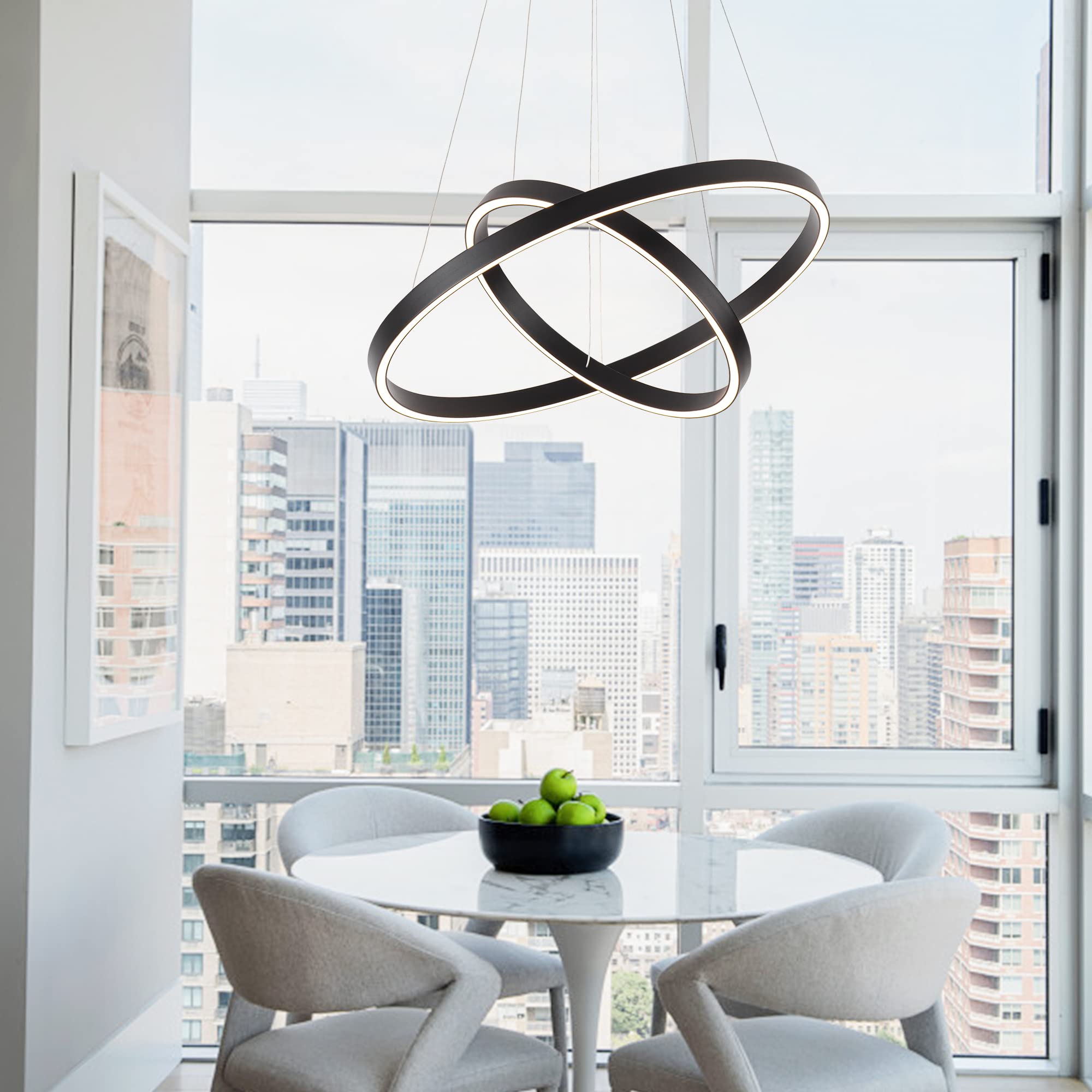 Modern LED Chandelier - 2 Ring Contemporary Circular Pendant Light, Black Dimmable Hanging Ceiling Fixture for Living Room & Dining Room | Elegant Lighting for Home Decor, Parties & Restaurants