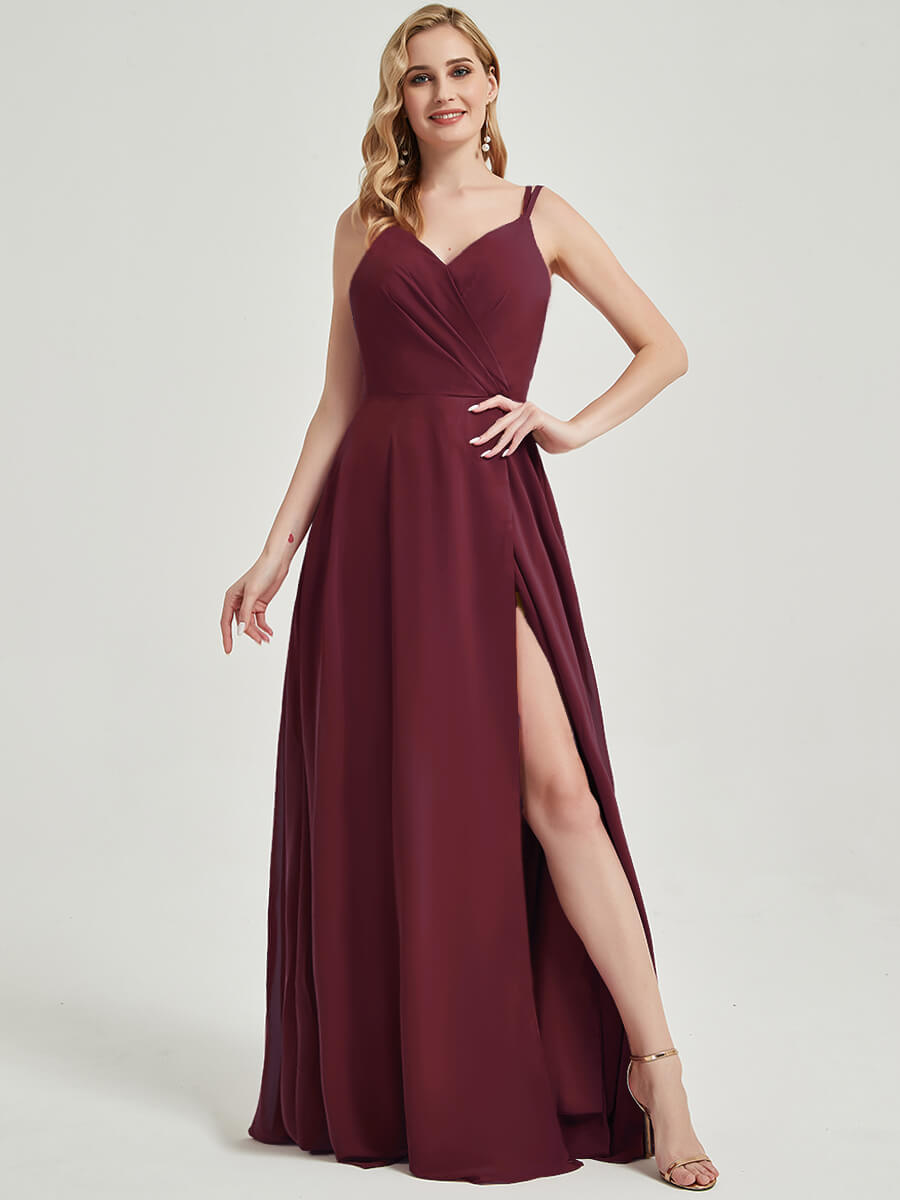 Elegant Burgundy Spaghetti Straps V-Neck Chiffon Bridesmaid Dress with Lace Details & Thigh Slit - Perfect for Weddings, Formal Events & Evening Parties