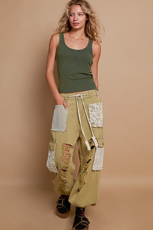 Distressed Washed Boho Jeans with Crochet Patch - Vintage High Waisted Denim Pants for Women - Perfect for Casual Outings & Music Festivals