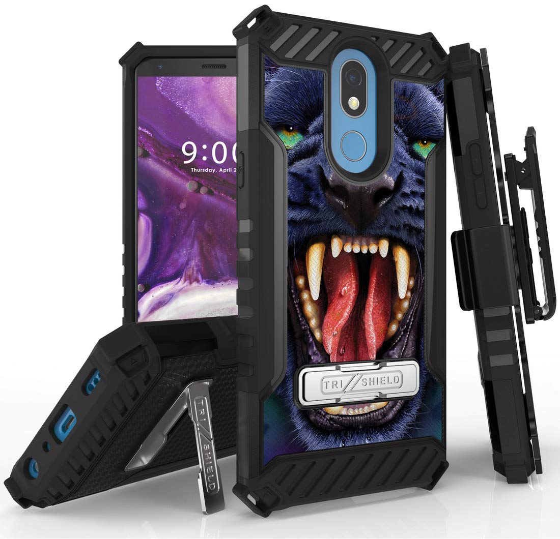 Tri-Shield Fierce Creature Series Rugged Case with Metal Kickstand & Belt Clip Holster - Black Panther Design for LG Harmony 3/K40/Solo LTE (LMX420/L423DL/X420) | Shockproof Protection for Outdoor & Work Use