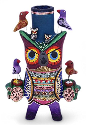 Saul Montesinos Owl Fiesta Ceramic Candle Holder - Handmade Mexican Folk Art Decor for Home, Wedding & Party Decorations