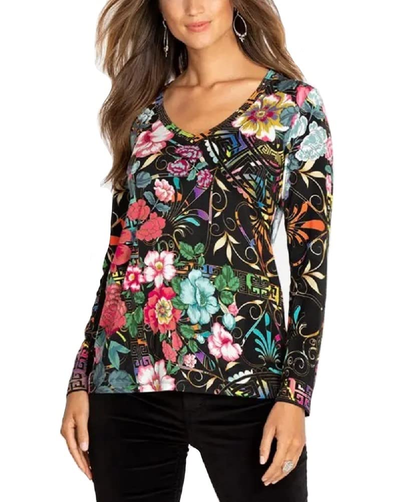 Johnny Was Women's Long Sleeve V Neck Blouse - Boho Chic Floral Print Tunic Top for Casual Wear & Office Outfits