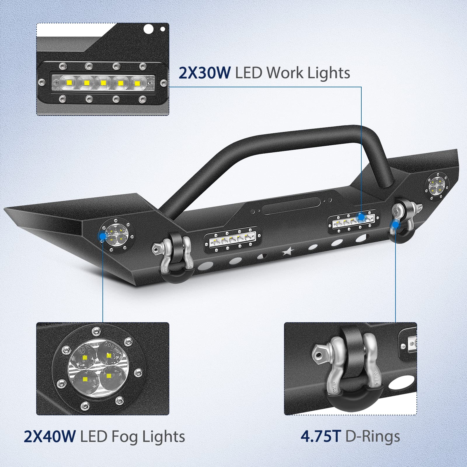 ECCPP Heavy Duty Front Bumper with Winch Plate & LED Lights for 2007-2018 Jeep Wrangler JK | Off-Road Adventure & Rock Crawling Protection