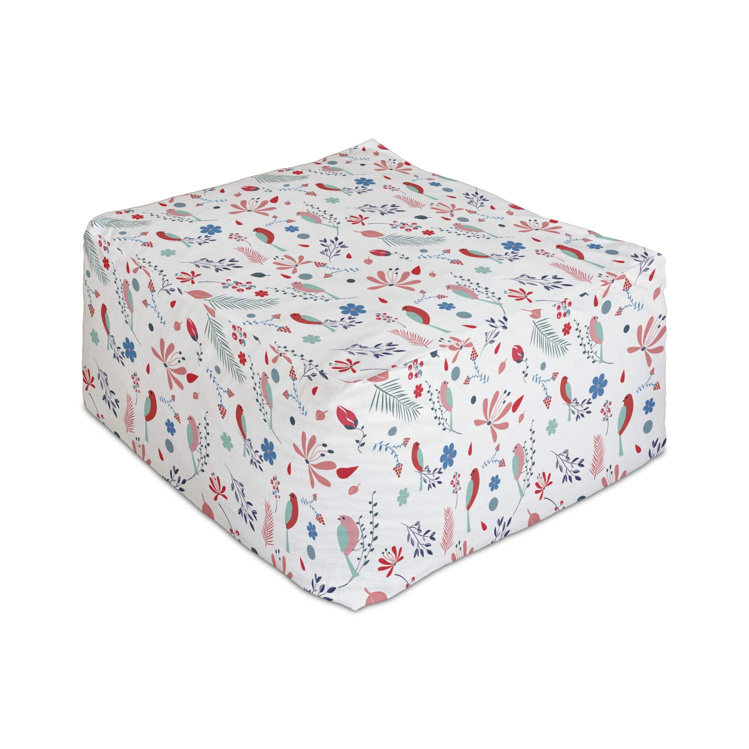 Ambesonne Nature Rectangle Pouf Ottoman - Colorful Spring Birds Flowers Leaves Print Foot Stool for Living Room, Office, Bedroom - 25 Inch White Multicolor Under Desk Storage with Removable Cover - Perfect for Relaxing, Reading & Home Decor