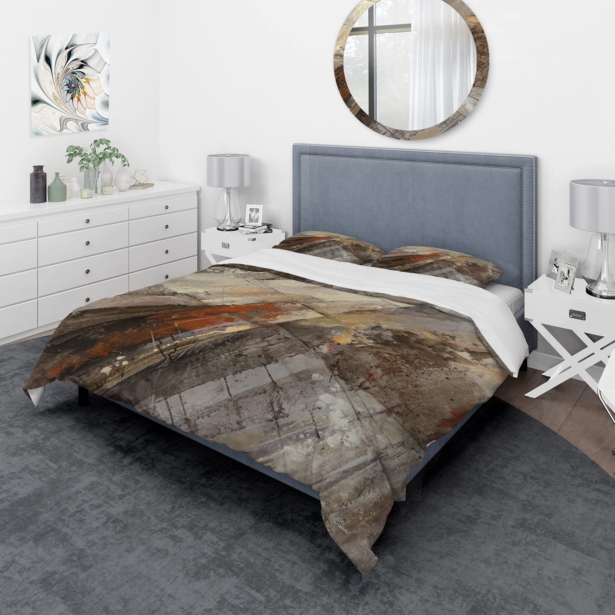 Fire and Ice Minerals III Farmhouse Duvet Cover Set - Queen Size Beige Abstract Bedding 3-Piece Set | All Season Comfort for Cozy Farmhouse Bedroom Decor