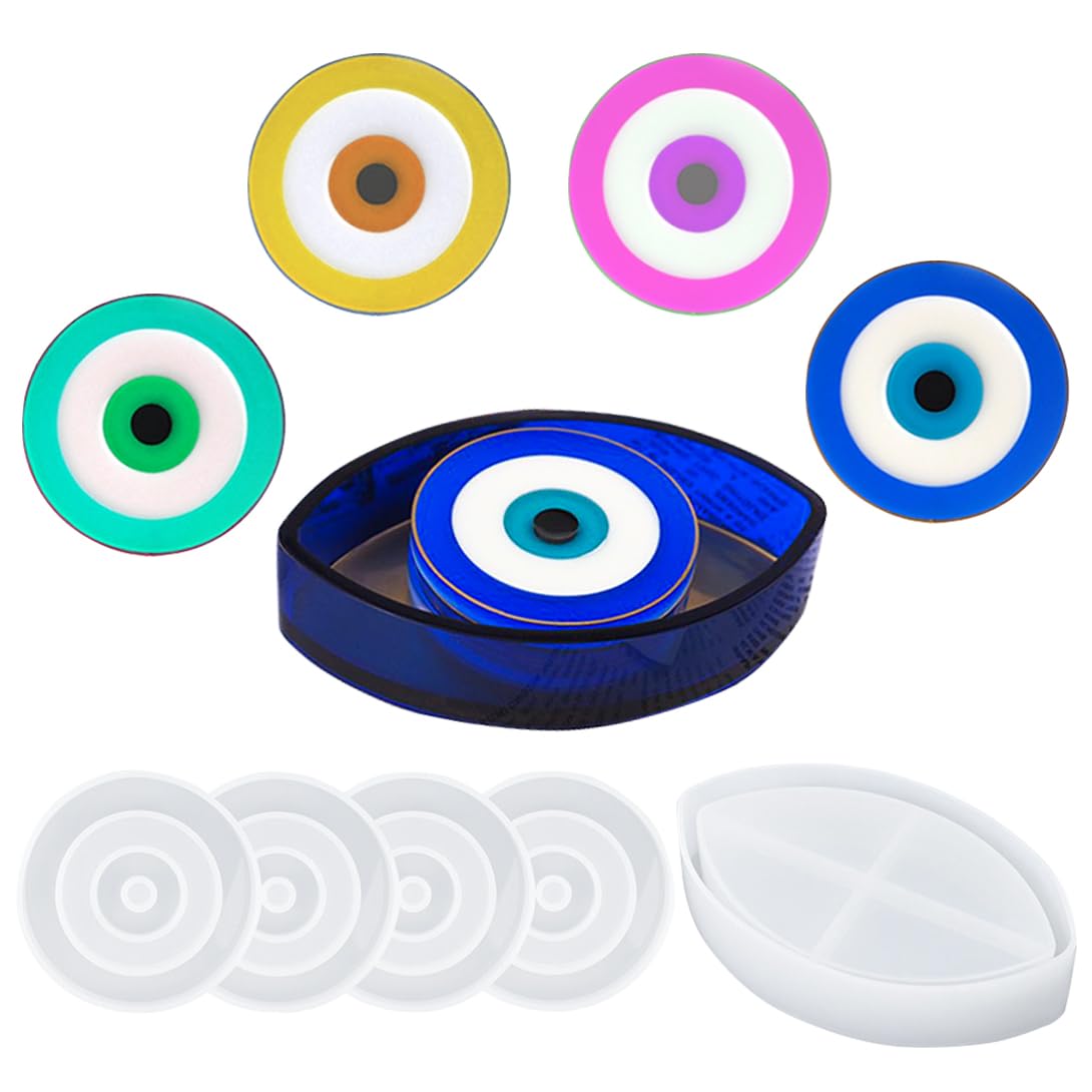 Evil Eye Silicone Mold Set - 4 Coaster Molds & 1 Storage Box Mold for DIY Resin Jewelry, Home Decor, and Desktop Ornaments (White) | Perfect for Crafting, Gift Making, and Boho Home Decoration