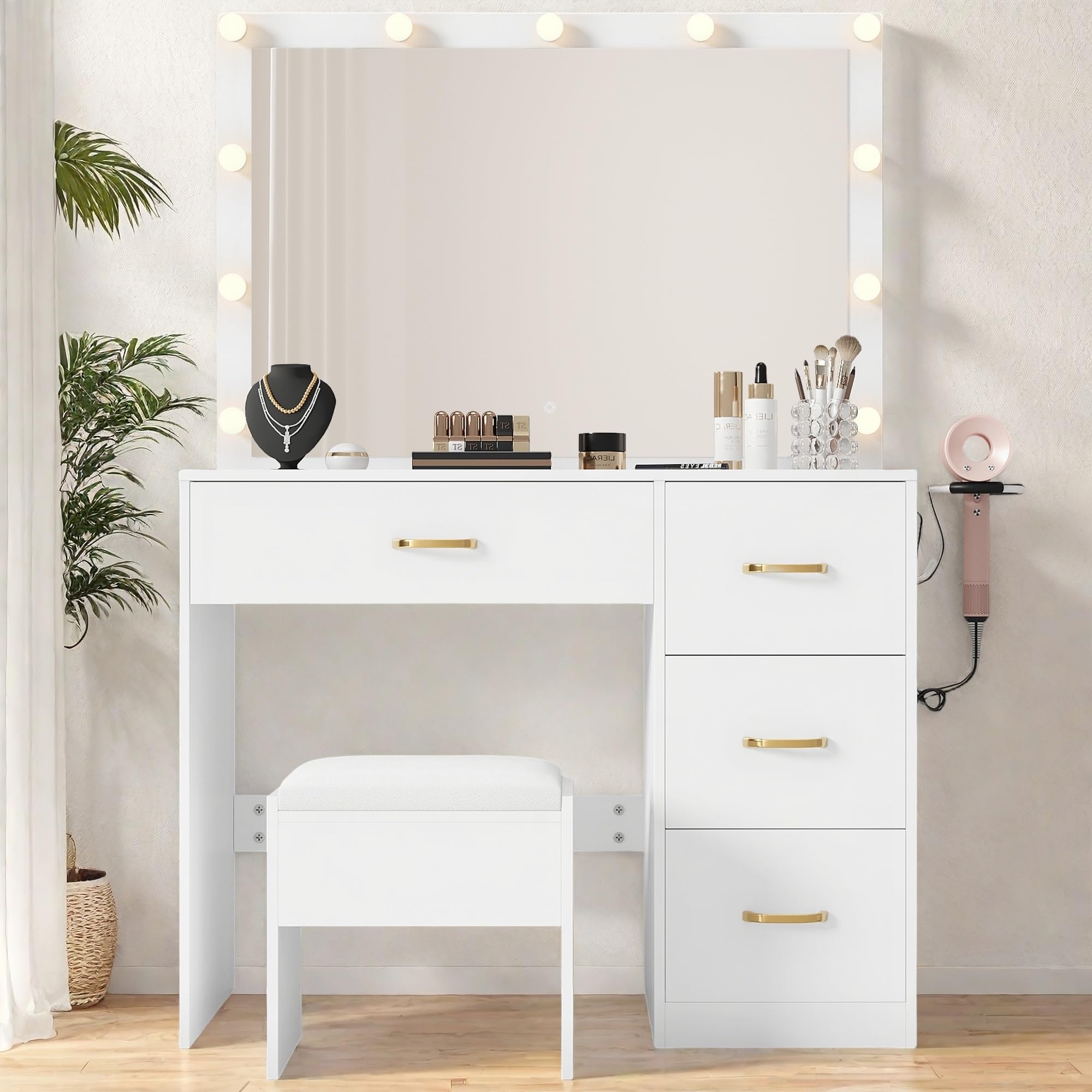 YITAHOME Vanity Desk with Mirror and Lights - Makeup Vanity Set with 11 LED Bulbs, Power Outlet, 4 Drawers & Stool - Perfect for Bedroom, Dressing Room & Beauty Salon