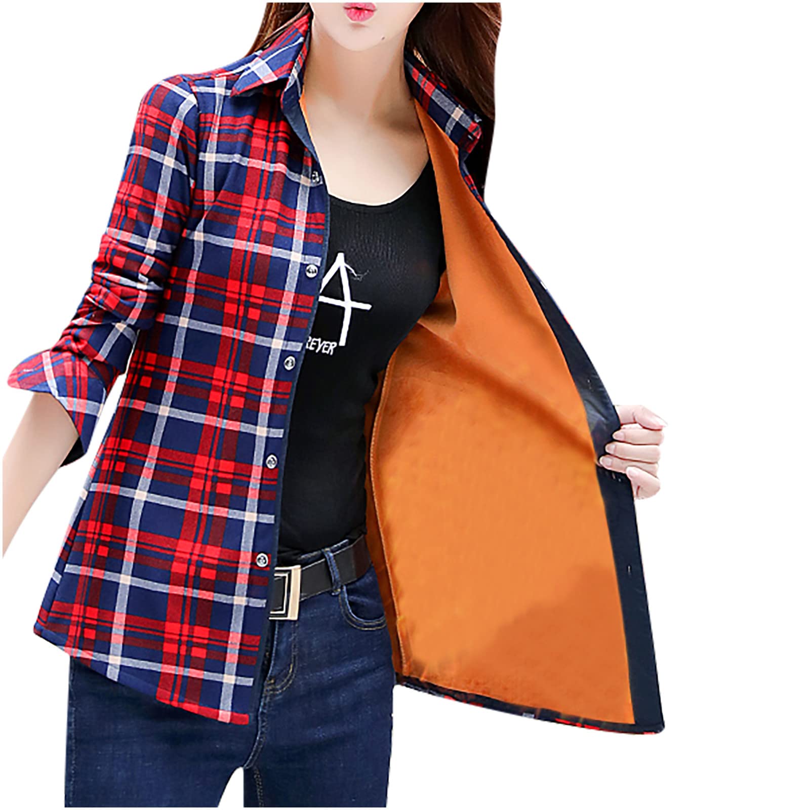Scai-yuu Women's Winter Coat - Warm Plush Wool Jacket with Red Plaid Print & Button Closure | Fall & Winter Outerwear for Women | Perfect for Cold Weather, Office Wear & Holiday Outfits