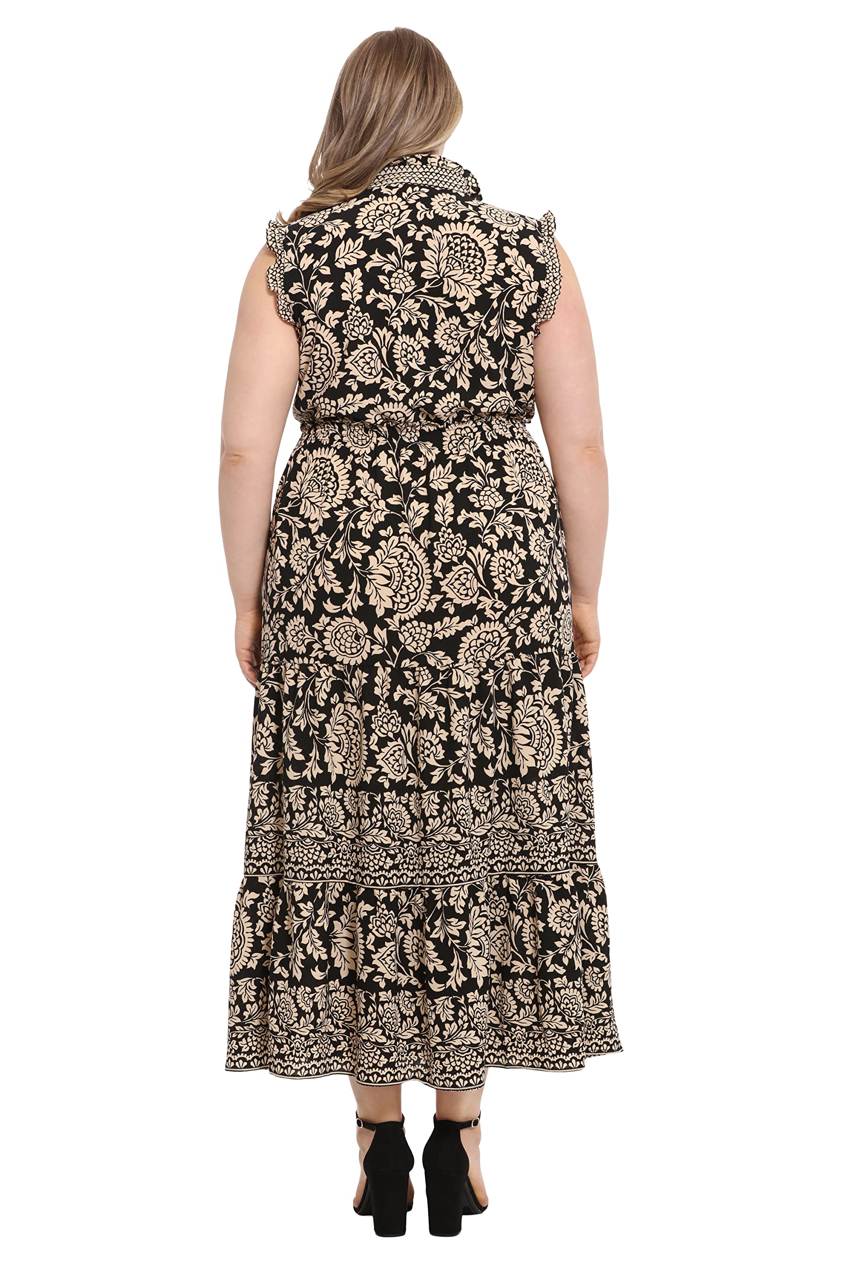 London Times Women's Boho Smocked Waist Ruffle Maxi Dress for Beach & Party