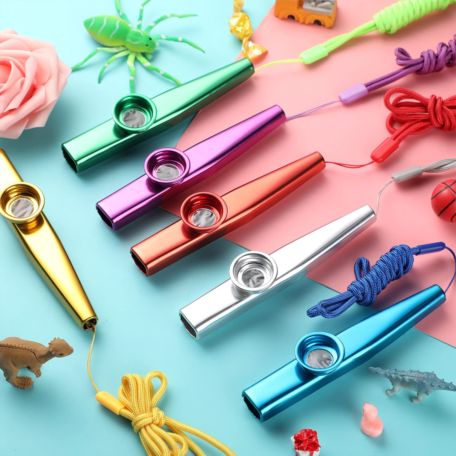 24-Pack Colorful Metal Kazoos with Lanyards - Musical Instruments for Kids & Adults - Perfect for Parties & Music Lessons