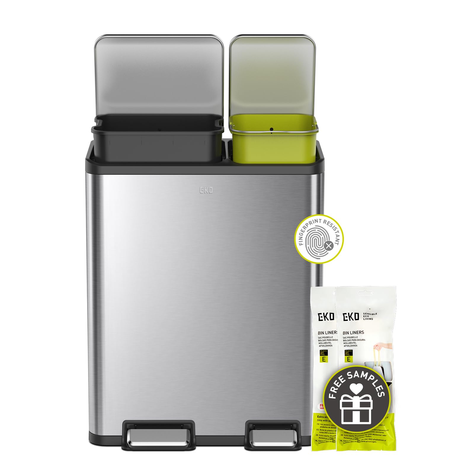 EKO EcoCasa 30L+20L Stainless Steel Dual Compartment Recycling Trash Can - Rectangular Kitchen Waste Bin with Independent Pedals & Soft-Close Lids, Fingerprint Resistant - Perfect for Eco-Friendly Homes, Office Break Rooms & Restaurant Kitchens