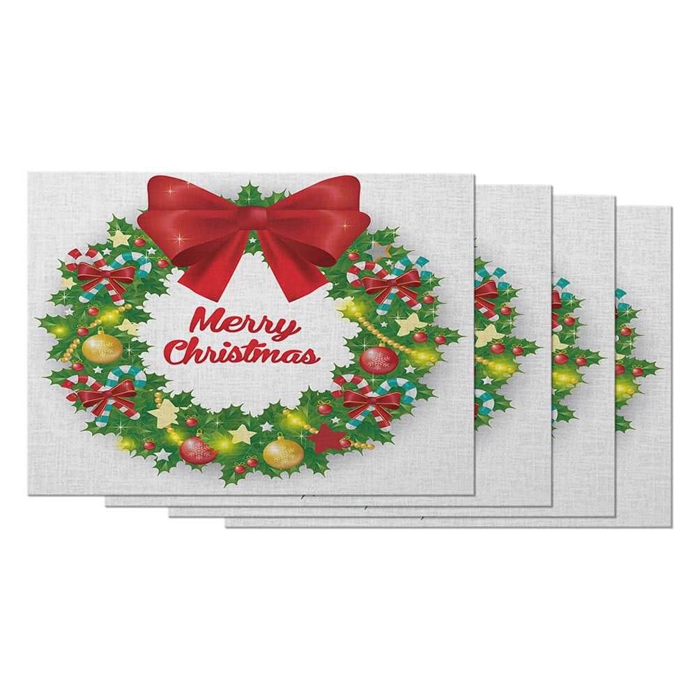 AOYEGO Christmas Wreath Placemats Set of 4 - 12x18 Inch Holiday Table Mats with Red Bow, Ribbon, Berries & Pearl Decor - Cotton Linen Dining Table Decor for Christmas Dinner, Party, and Home Decoration
