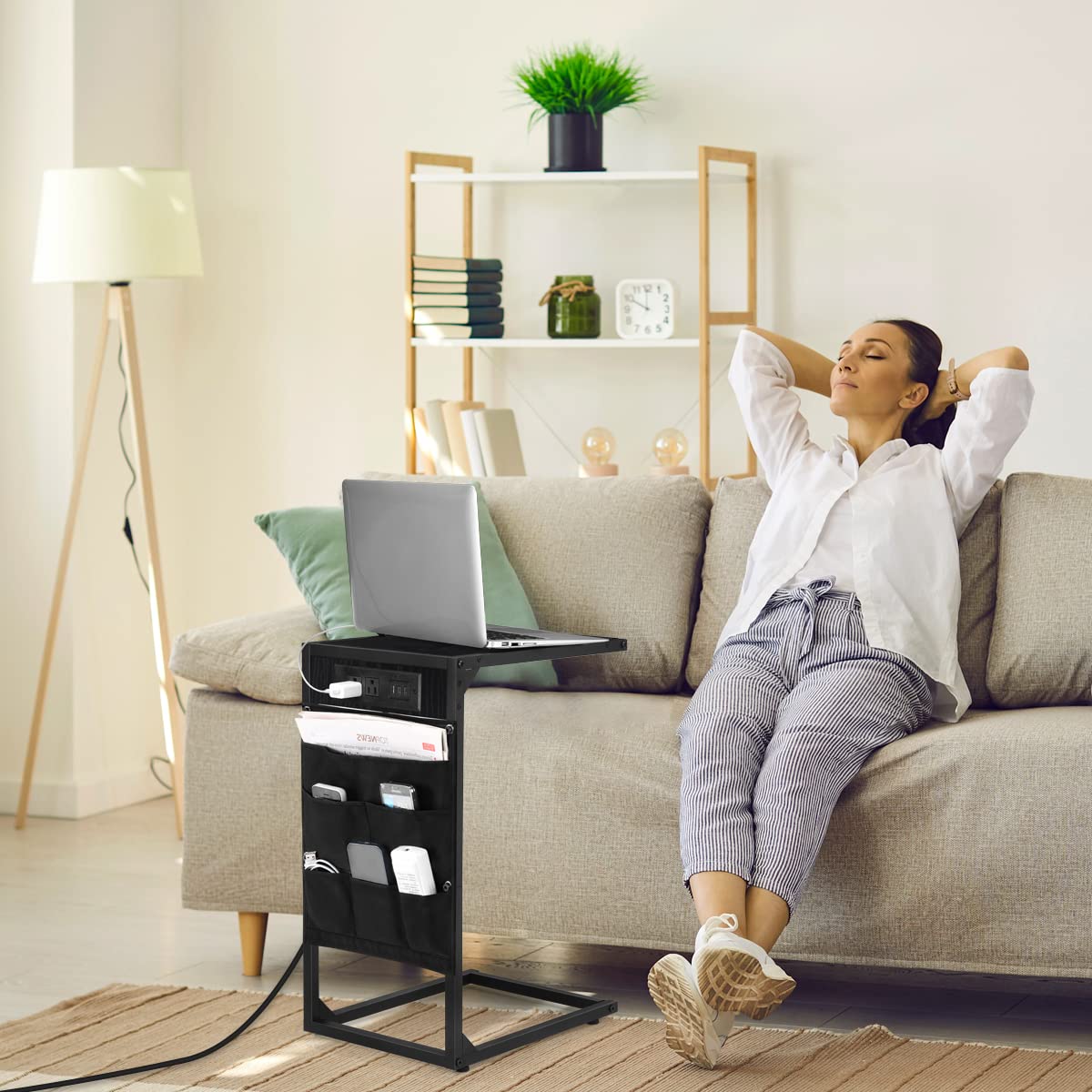 Set of 2 Modern C-Shaped End Tables with Built-in USB Charging Station - Snack Side Table, Sofa Sliding Table for Living Room & Bedroom - Space Saving Black Accent Furniture (Perfect for Small Spaces, Movie Nights & Remote Work)