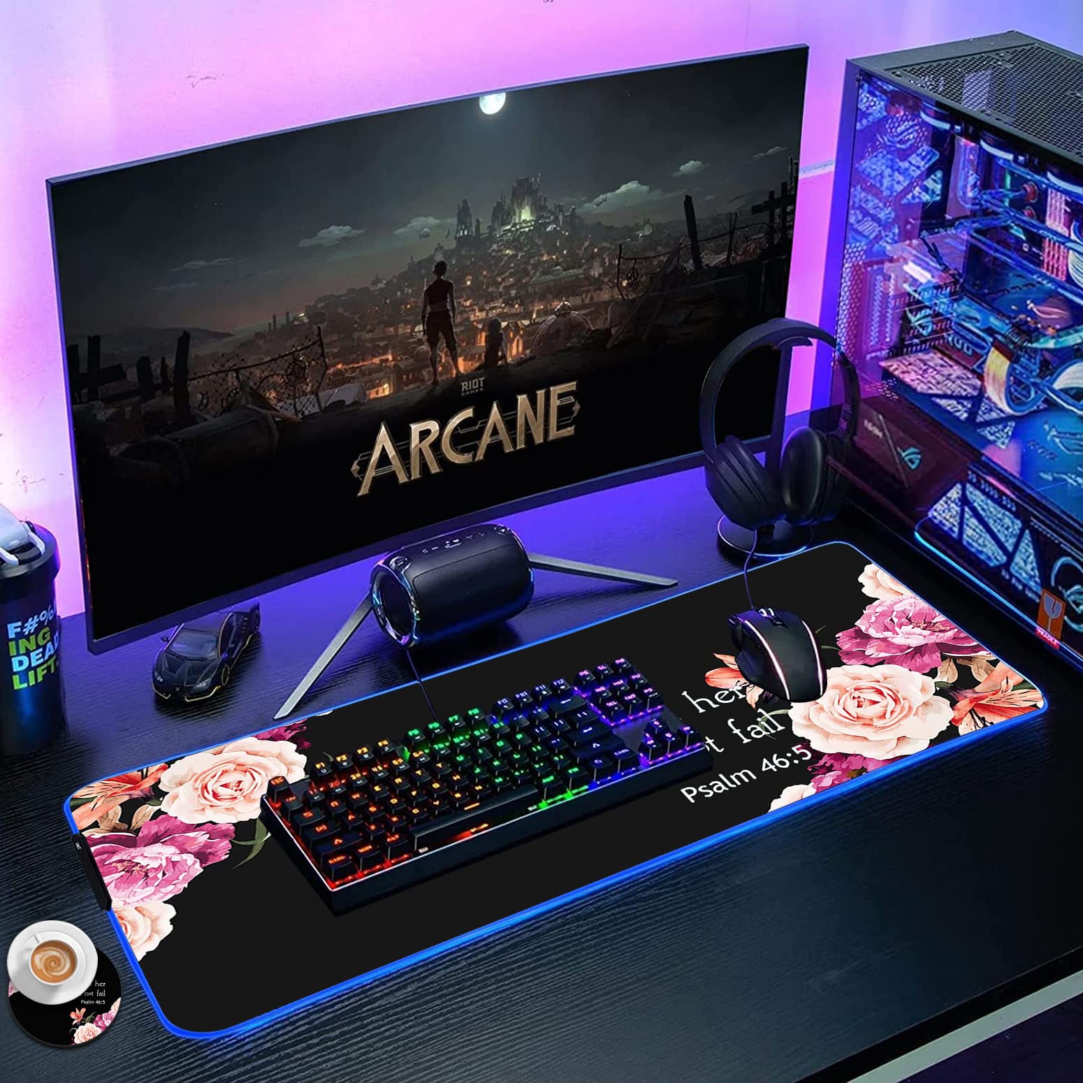 RGB Gaming Mouse Pad with LED Lights - Large Non-Slip Desk Mat for Keyboard & Mouse - Peony Flower Design with Psalm 46:5 Quote - Perfect for PC Gaming, Office Work & Home Decor