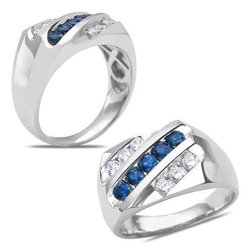 10K Solid White Gold Men's 3 Row Slant Round Shaped 1/2ct Diamond & Sapphire Wedding Band Ring - Elegant Jewelry for Engagement, Anniversary & Special Occasions