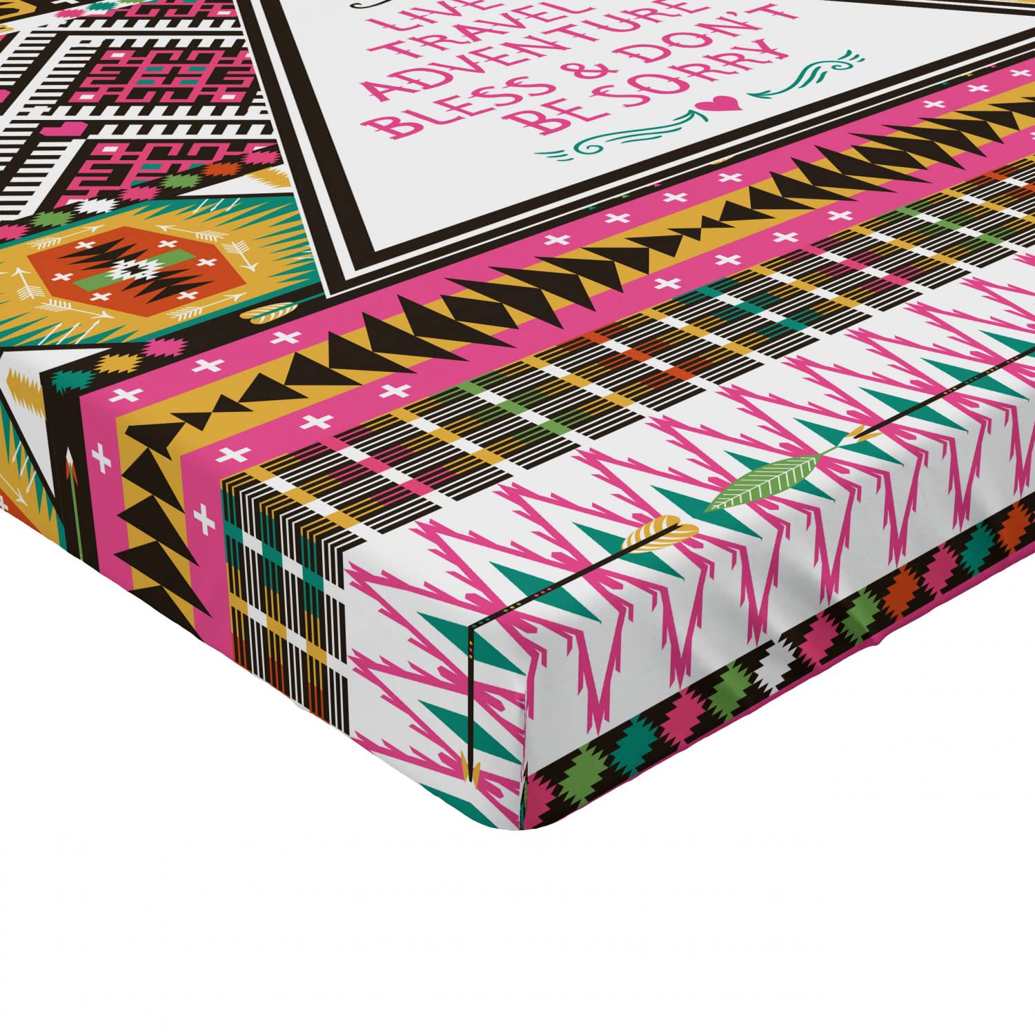 Ambesonne Ethnic Fitted Sheet - Queen Size Bohemian Geometric Print Bedding with Deep Pocket, Pink & Brown Folkloric Design - Perfect for Boho Bedrooms, Guest Rooms & Airbnb Stays